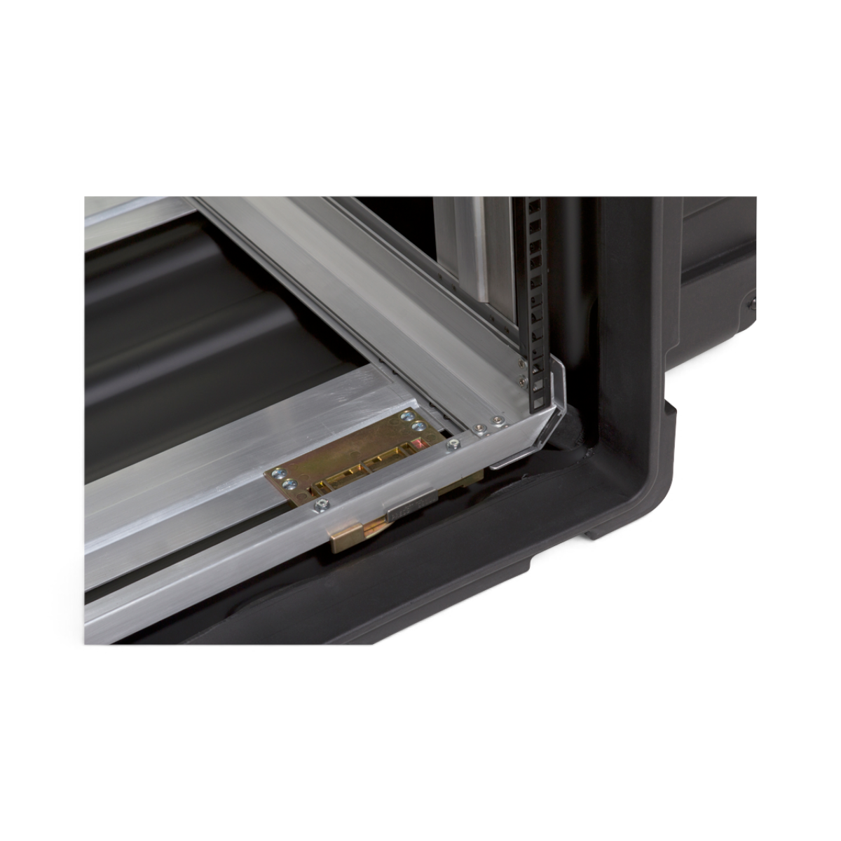 SKB Cases 14U 24-inch deep shock rack showing the interior removable rack frame with metal rails and shock absorbers.