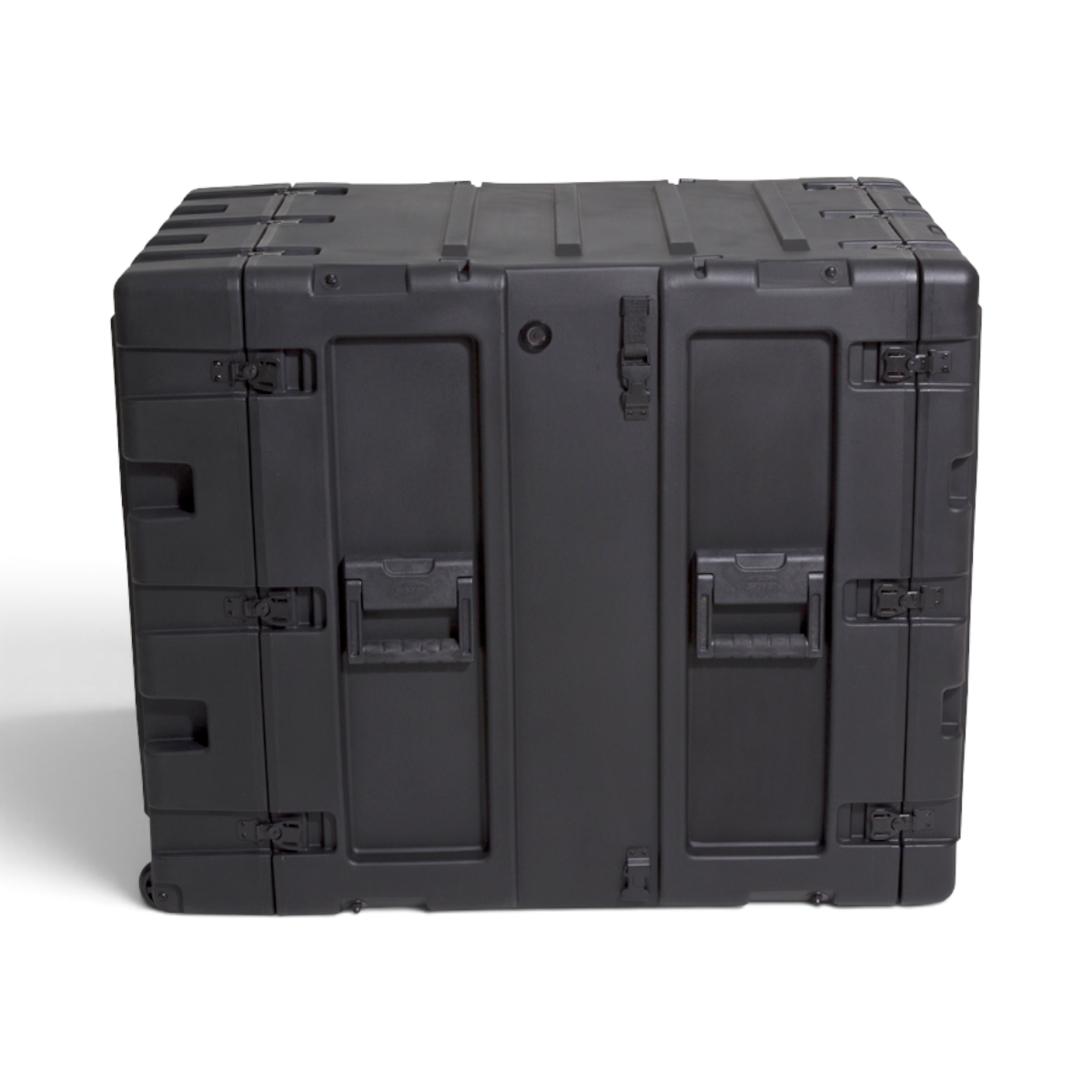 SKB Cases 14U 24-inch deep black shock rack transport case with rugged roto-molded shell and recessed hardware.