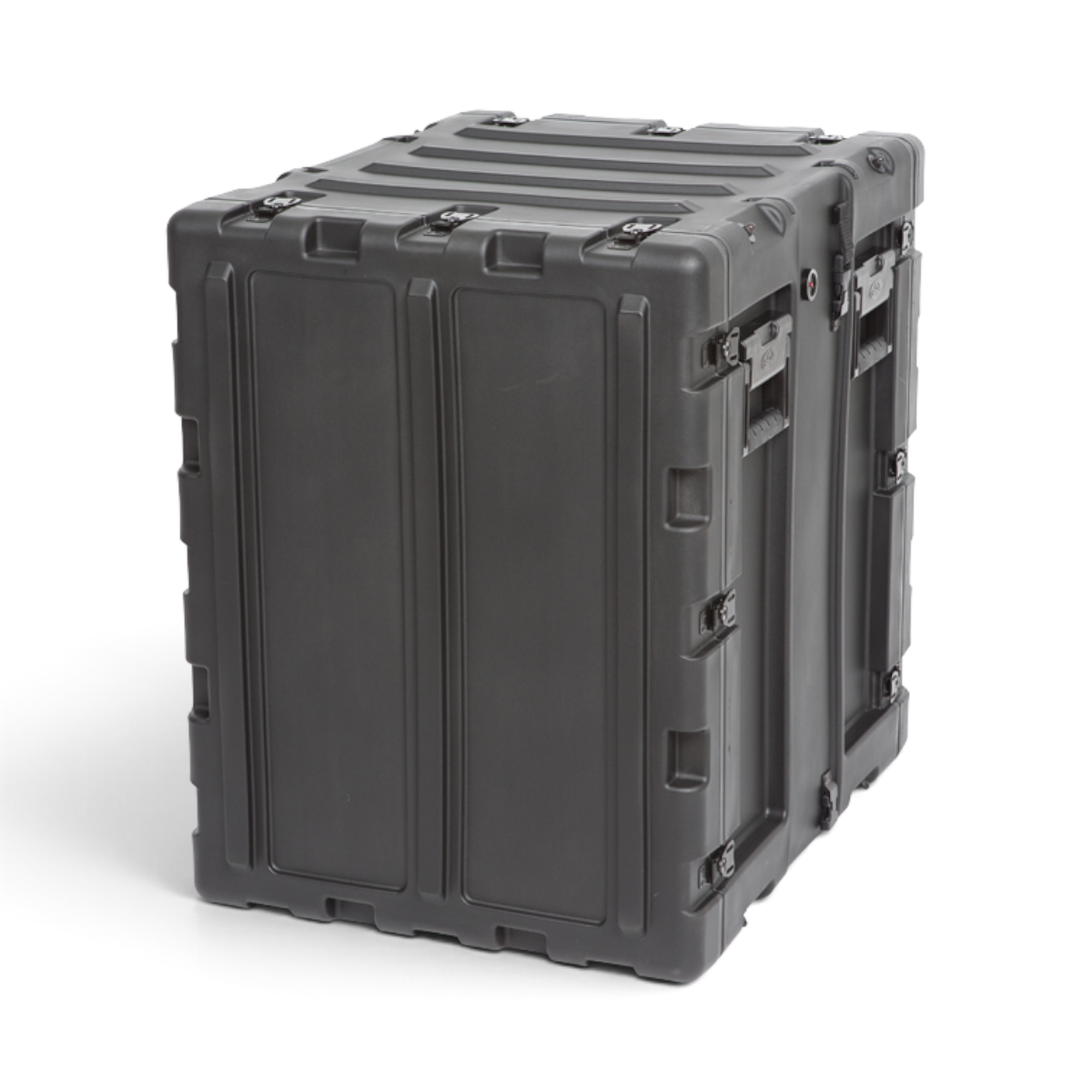 SKB Cases 14U 20-inch deep black shock rack transport case with rugged roto-molded shell and recessed hardware.