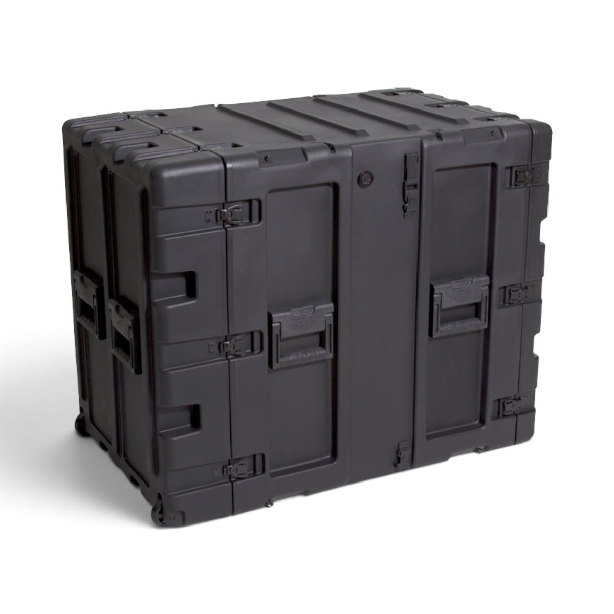 SKB Cases 14U 24-inch deep black shock rack transport case with rugged roto-molded shell and recessed hardware.