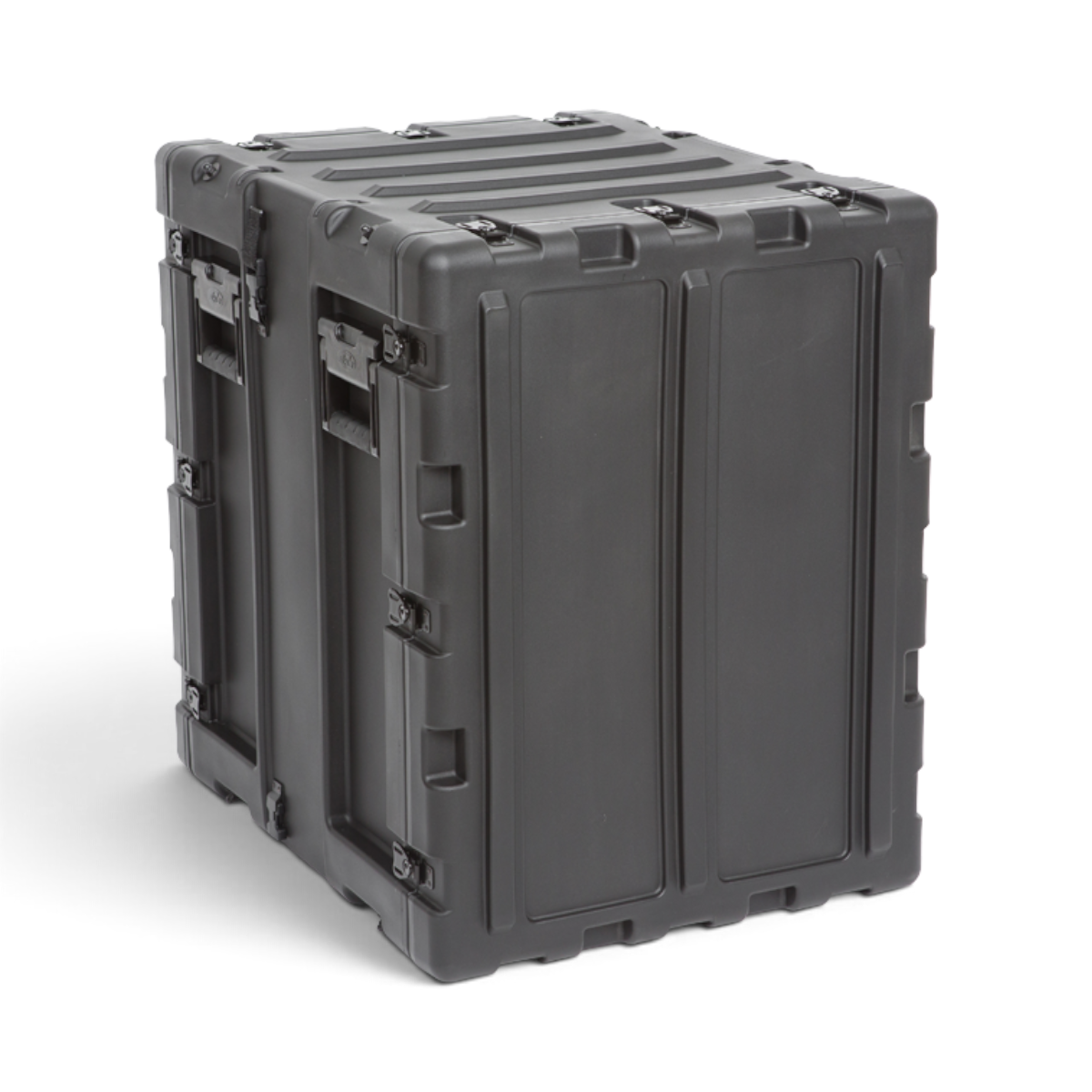 SKB Cases 14U 20-inch deep black shock rack transport case with rugged roto-molded shell and recessed hardware.