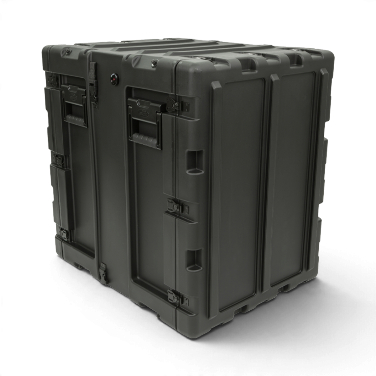 SKB Cases 14U 20-inch deep black shock rack transport case with rugged roto-molded shell and recessed hardware.