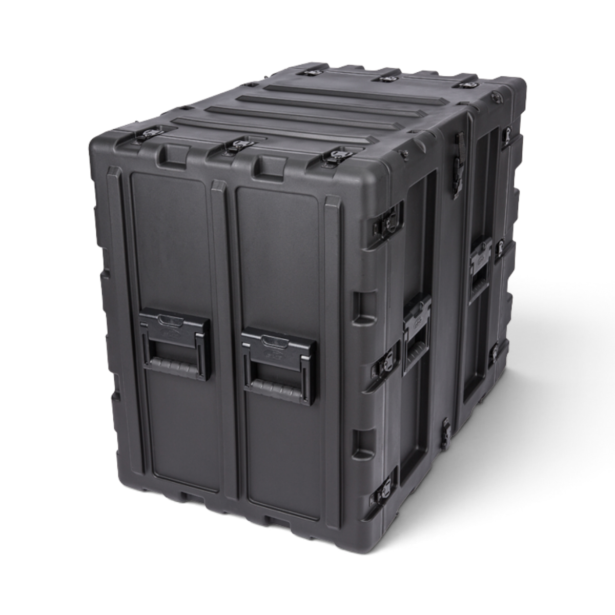SKB Cases 14U 24-inch deep black shock rack transport case with rugged roto-molded shell and spring-loaded handles.