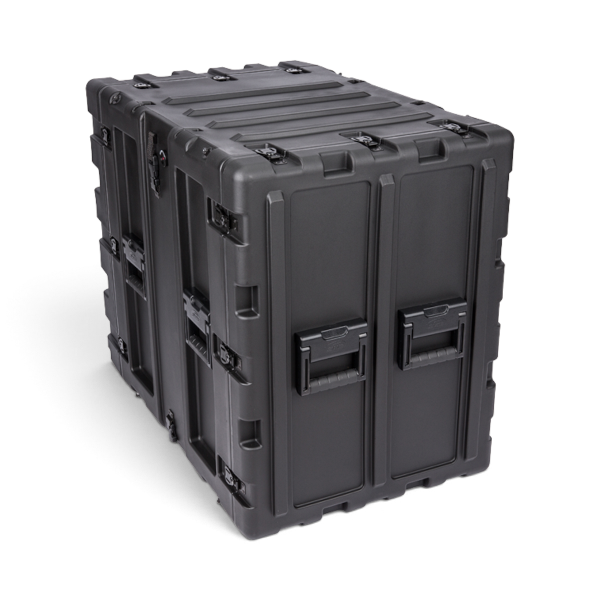 SKB Cases 14U 24-inch deep black roto-molded shock rack transport case with recessed handles and stacking ribs