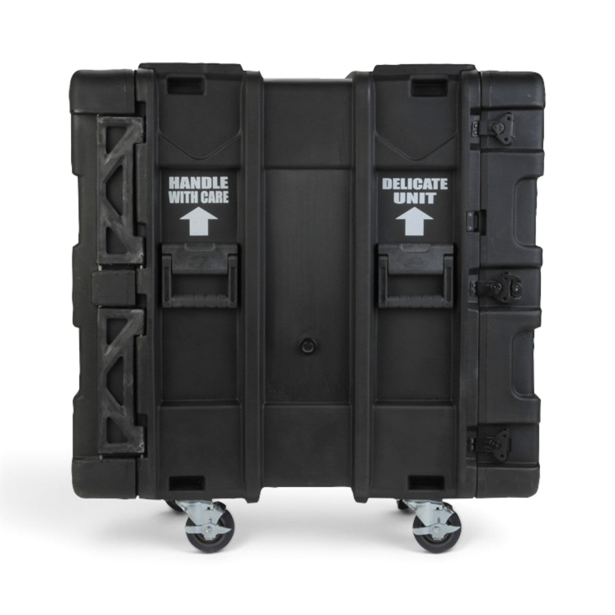 SKB Cases 14U 24-inch deep black roto shock rack with casters and Handle With Care and Delicate Unit labels