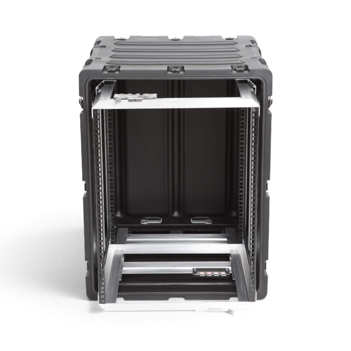 SKB Cases 14U 20-inch deep black shock rack with removable interior frame and rugged roto-molded shell.