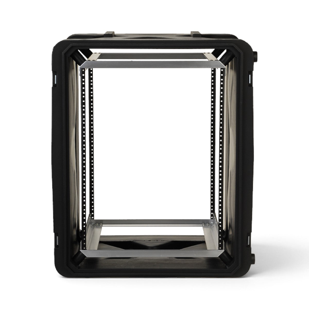 SKB Cases 14U 20-inch deep shockmount rack with internal frame and elastomer shock absorbers for equipment protection.