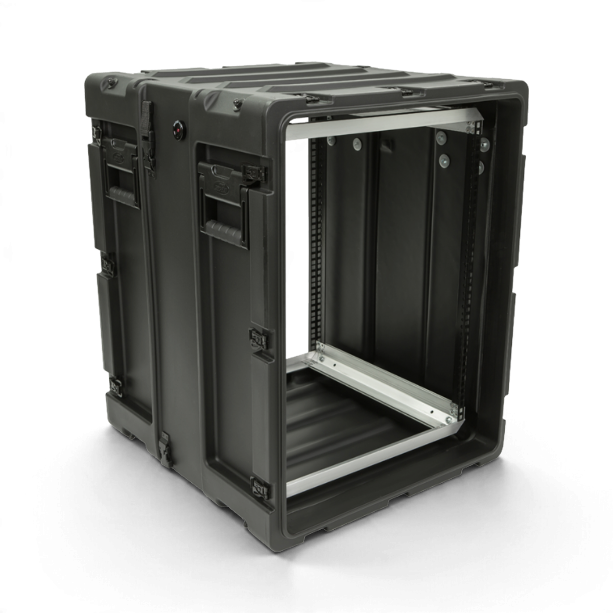 SKB Cases 14U 20-inch deep black shock rack with aluminum chassis and recessed hardware for equipment protection