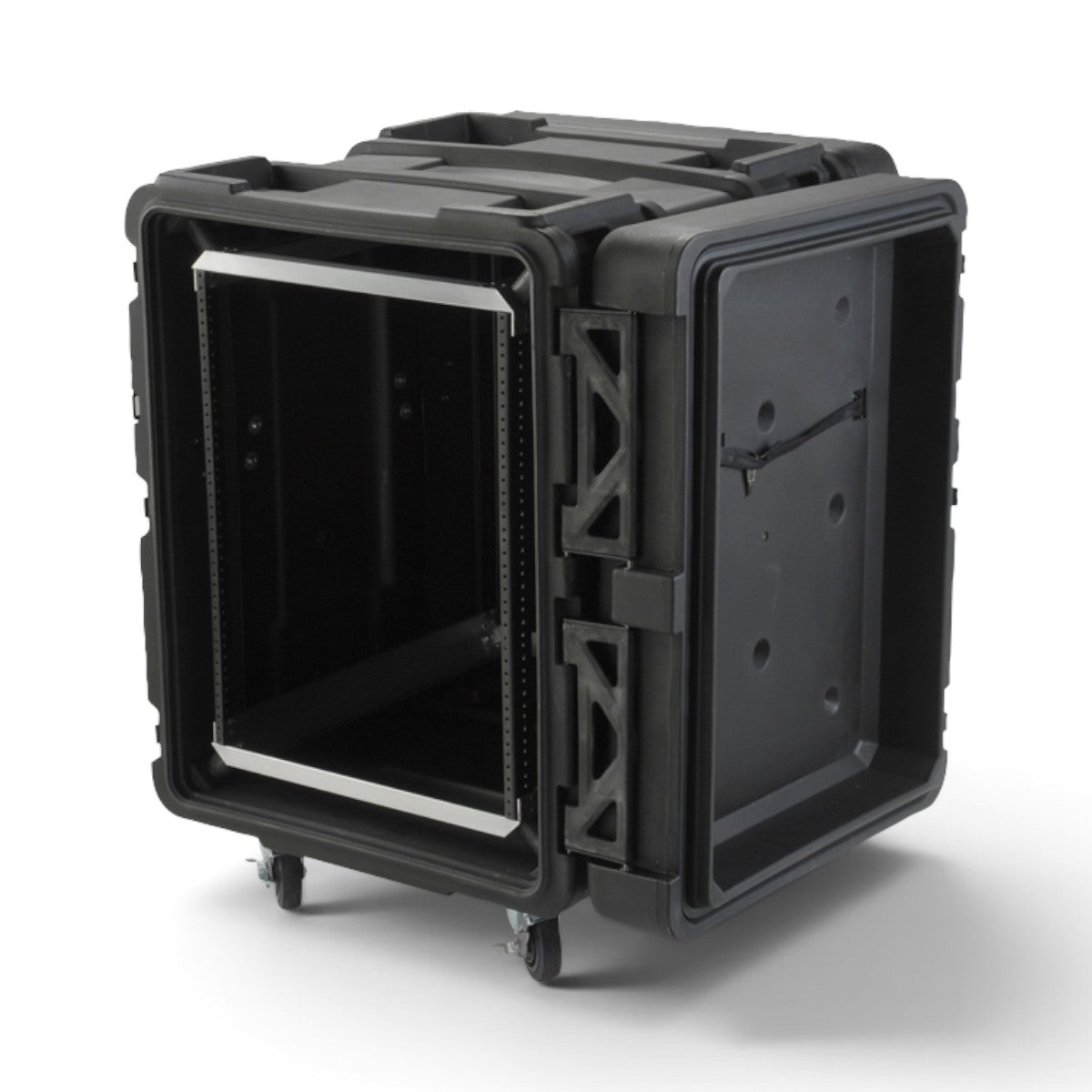 SKB Cases 14U 24-inch deep roto shock rack with black durable exterior, internal aluminum frame, and rolling casters.