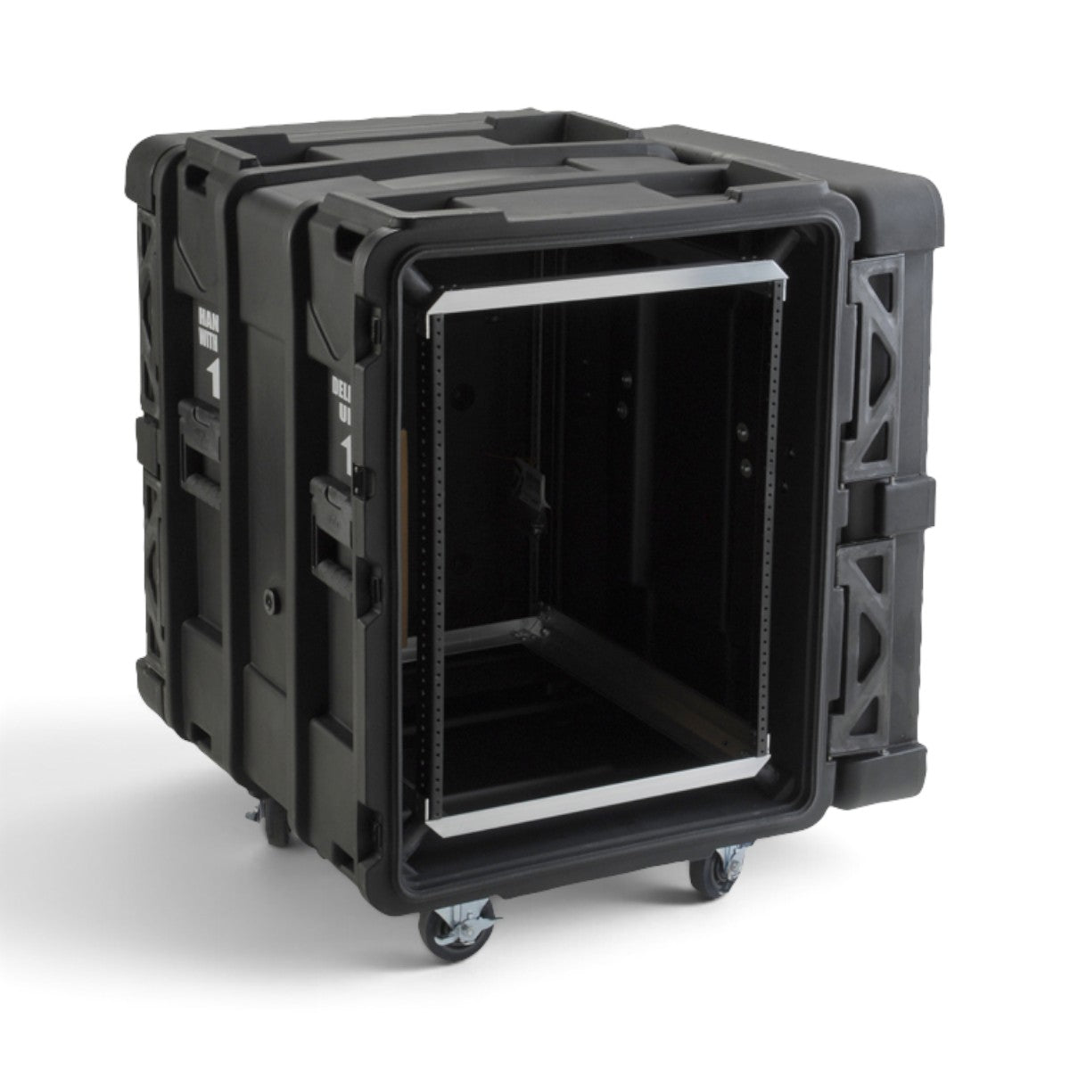 SKB Cases 14U 24-inch deep roto shock rack with black rugged exterior, internal aluminum frame, and rolling casters.