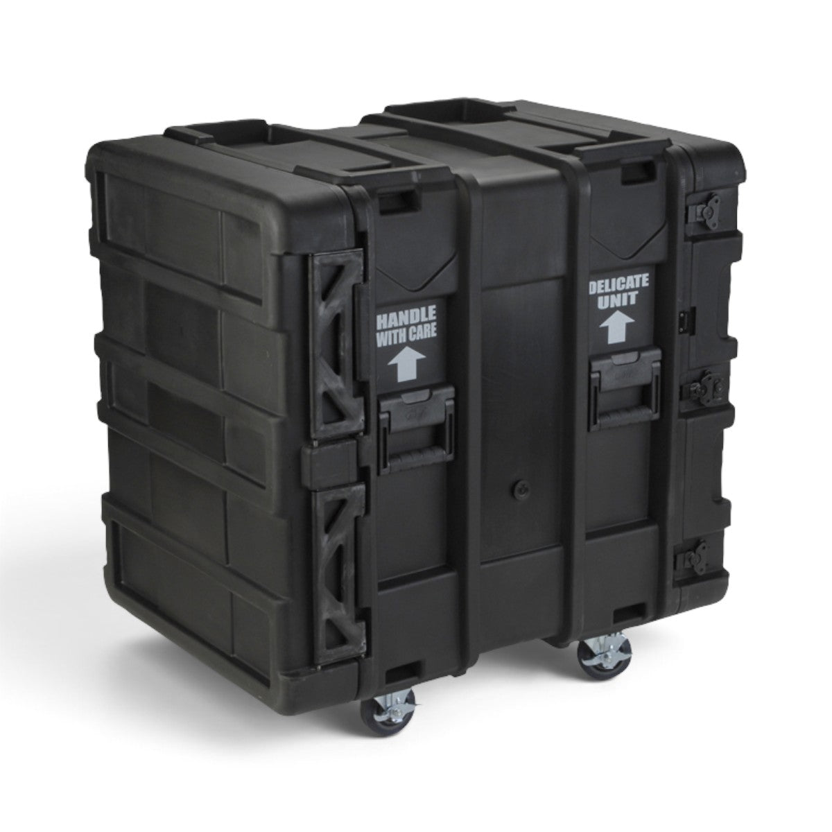 SKB Cases 14U 24-inch deep roto shock rack in black with heavy-duty casters and handle with care markings.