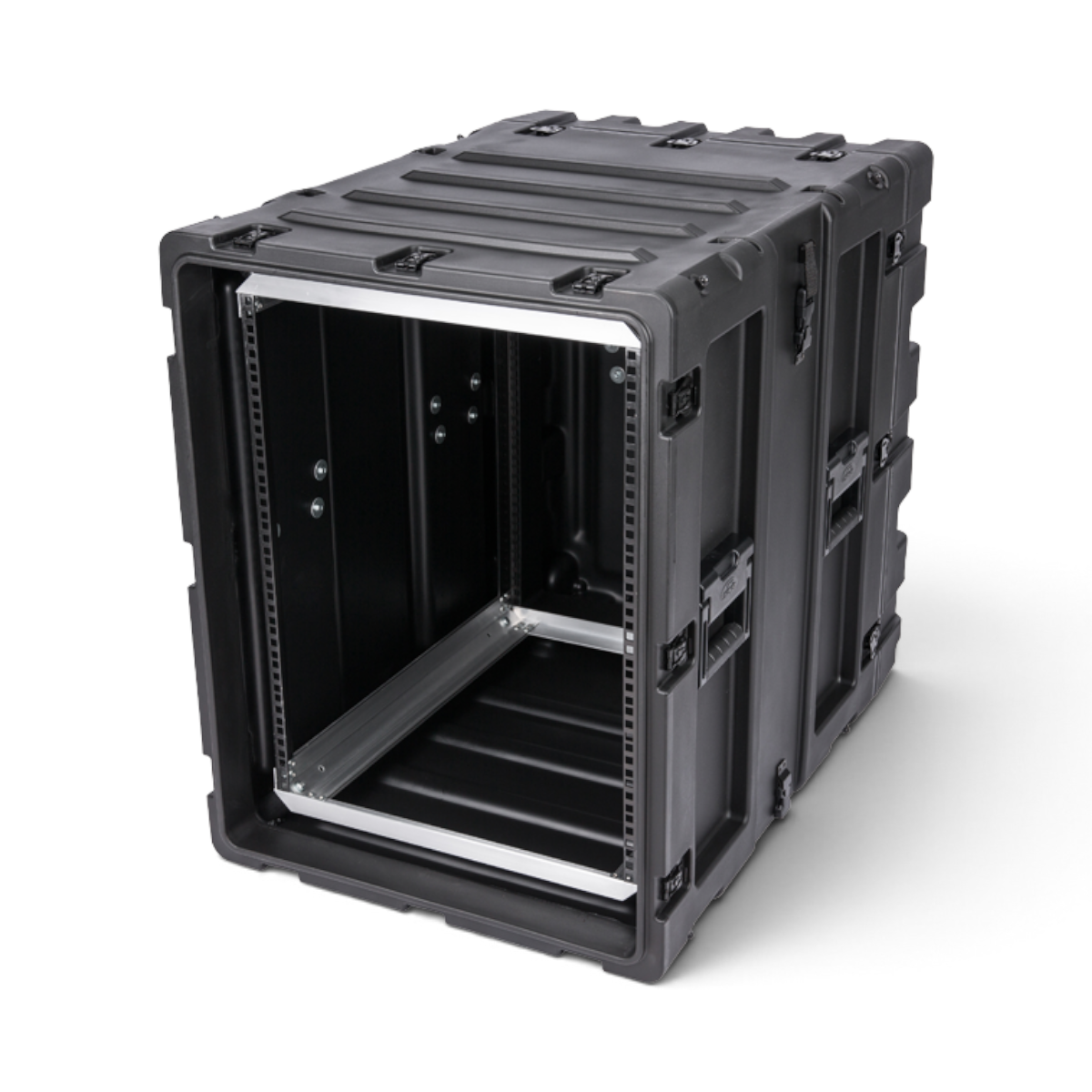 SKB Cases 14U 24-inch deep static shock rack in black, featuring a rugged roto-molded shell and square-hole rack rails.