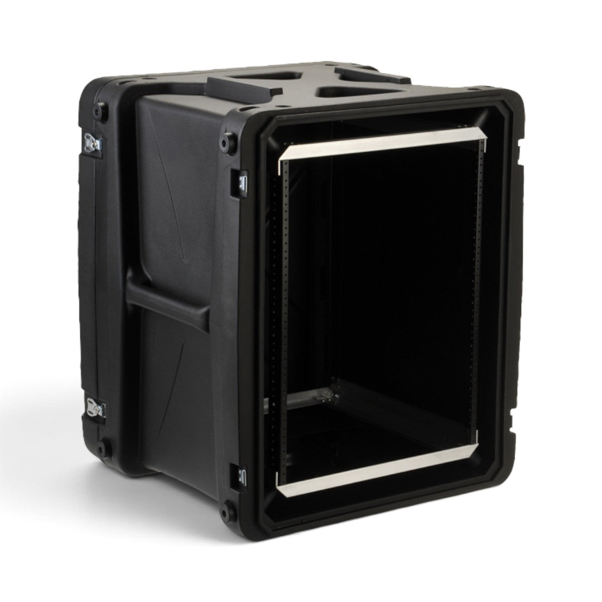 SKB Cases 14U 20-inch deep rSeries shock rack with internal frame and elastomer shock absorbers in black.