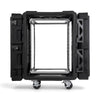SKB Cases 14U 24-inch deep rSeries shock rack with open lids, aluminum frame, and removable casters.