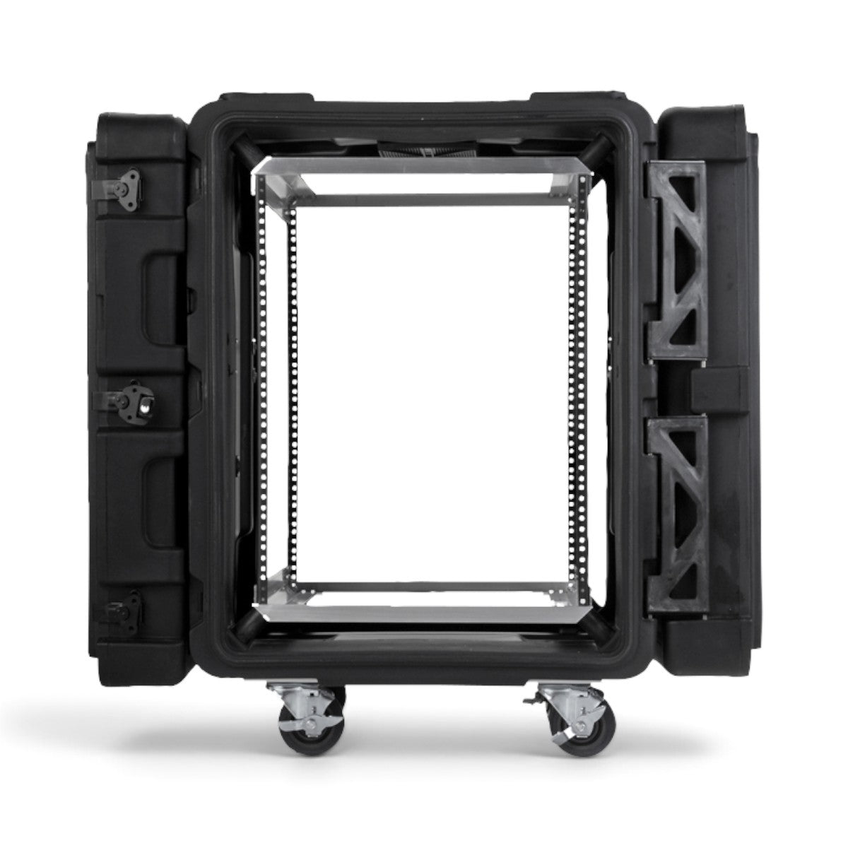 SKB Cases 14U 24-inch deep rSeries shock rack with open lids, aluminum frame, and removable casters.