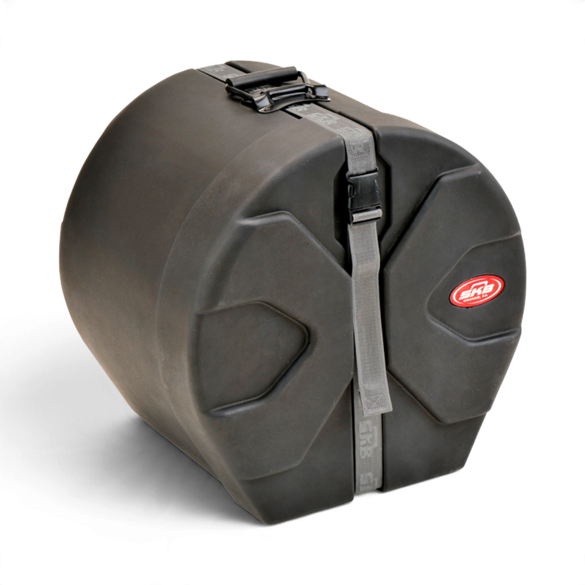 SKB Cases 14 x 16 roto-molded black drum tom case with Roto-X pattern, secure buckle strap, and padded interior.