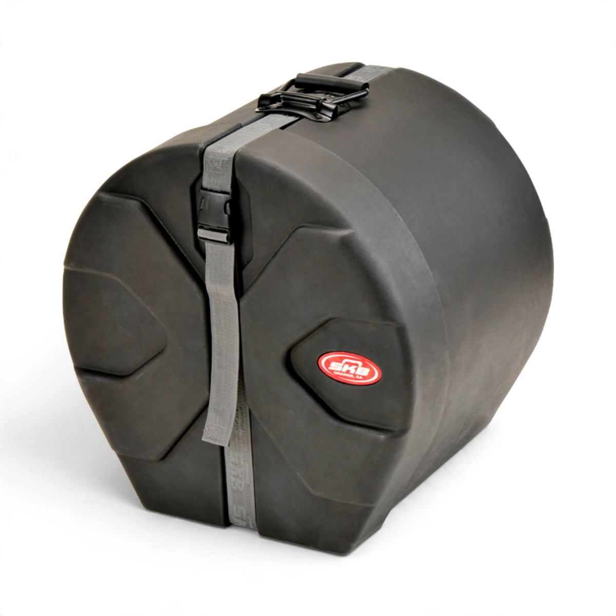 SKB Cases 14 x 16 roto-molded black drum tom case with Roto-X pattern, secure strap, and padded interior.