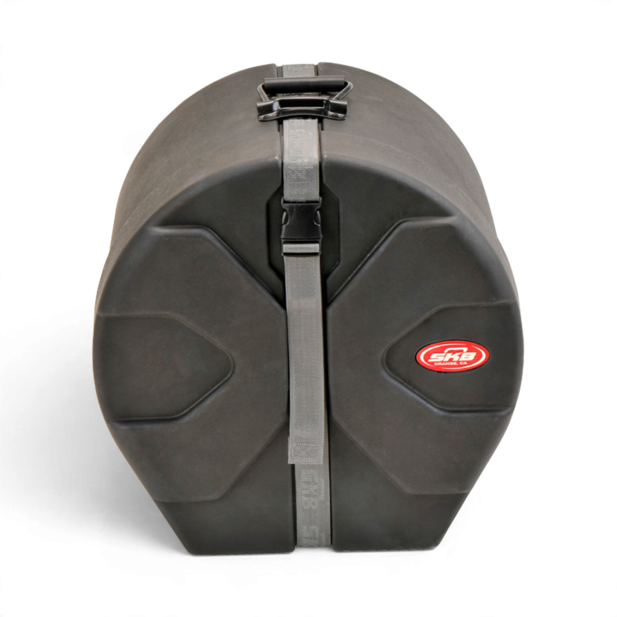 SKB Cases 14 x 16 roto-molded black drum tom case with D-shaped design, secure buckle strap, and padded interior.