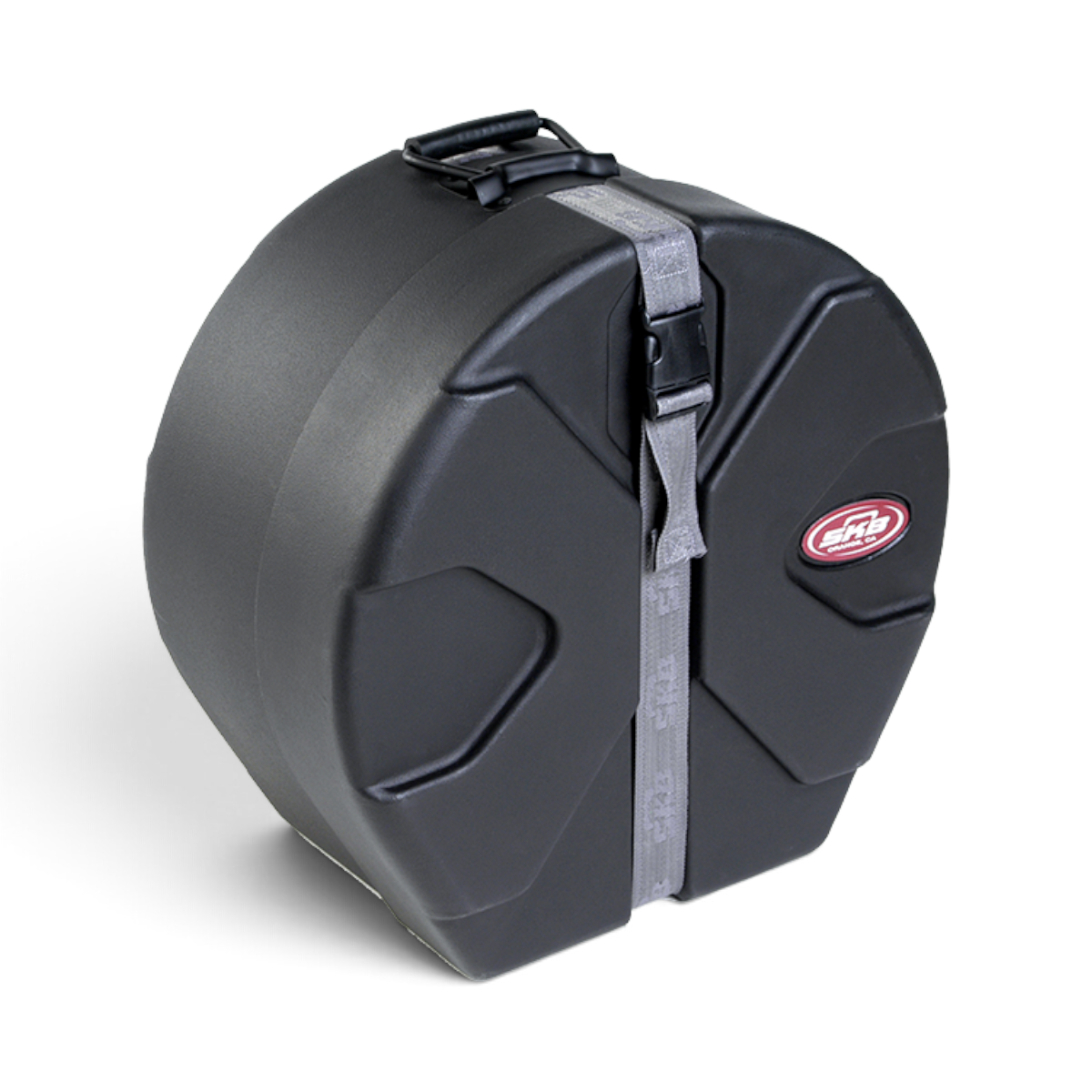 SKB Cases 14 x 18 marching bass drum case in black with a durable roto-molded D-shaped design and grey strap.