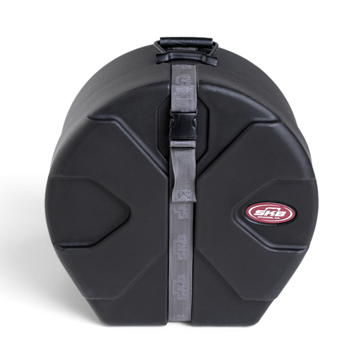 SKB Cases 14x18 marching bass drum case in black with Roto-X pattern, secure strap, and padded interior.