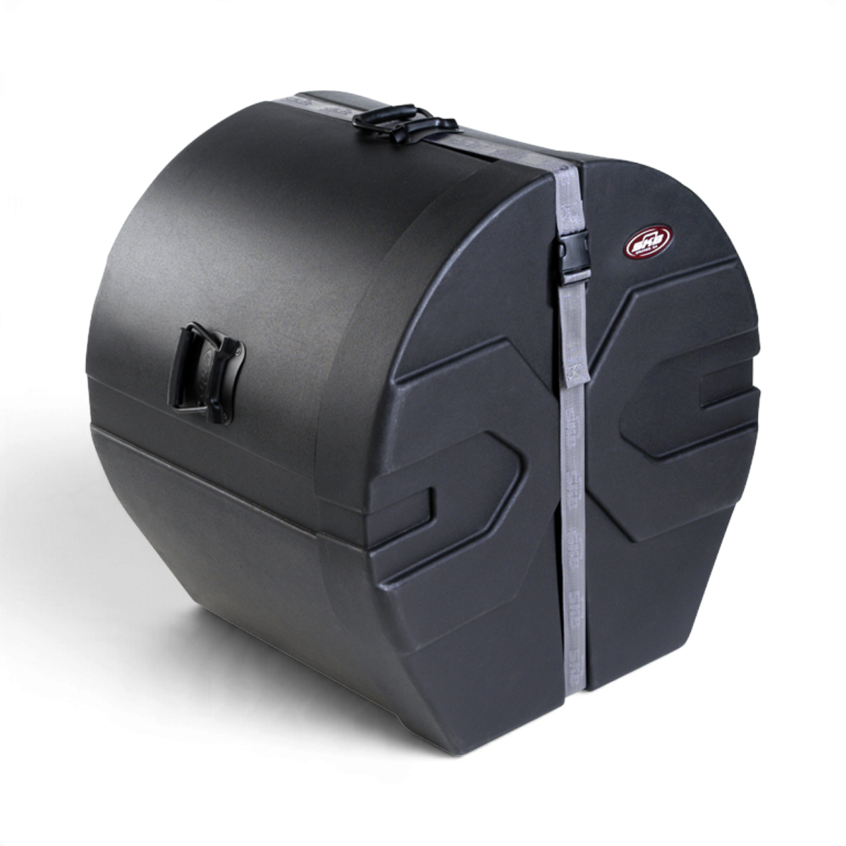 SKB Cases 14 x 22 marching bass drum case in black with Roto-X pattern, padded interior, and secure strap closure.