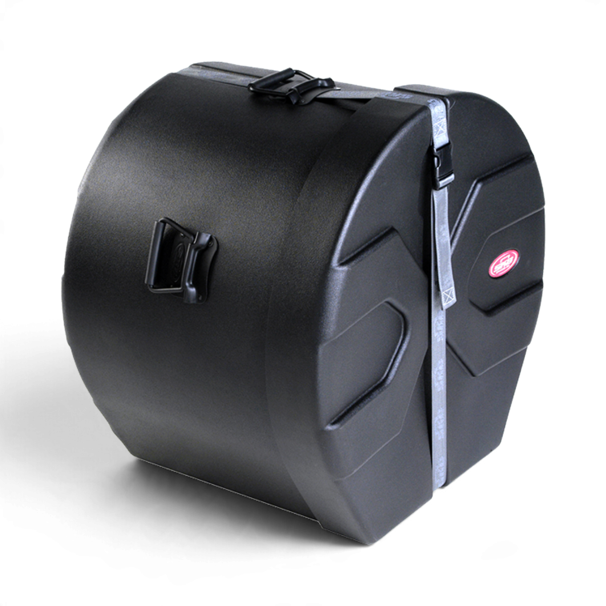 SKB Cases 14 x 24 marching bass drum case in black with Roto-X pattern, sure grip handles, and secure strap closure.