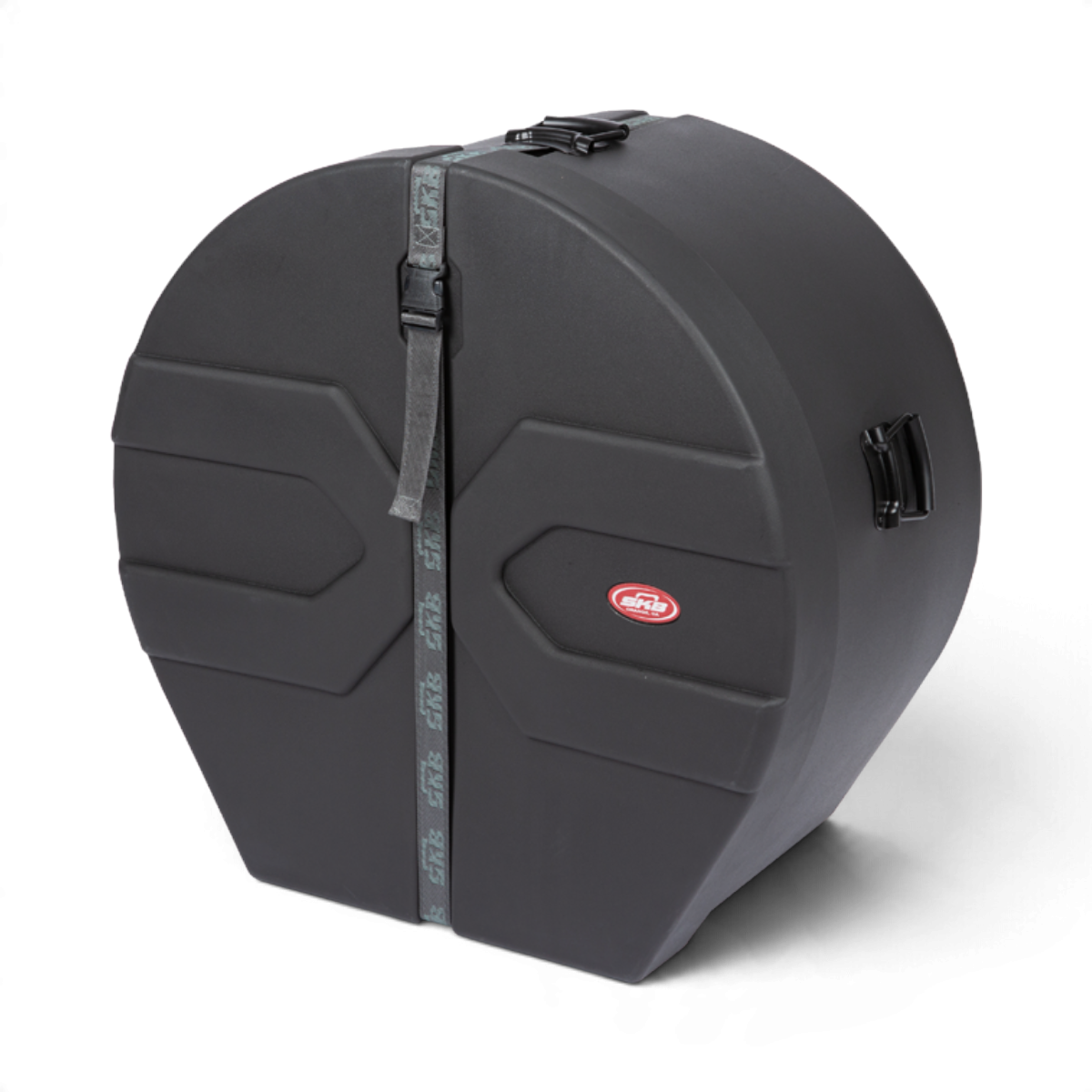 SKB Cases 14 x 26 marching bass drum case in black, featuring a durable roto-molded D-shaped design and secure strap.