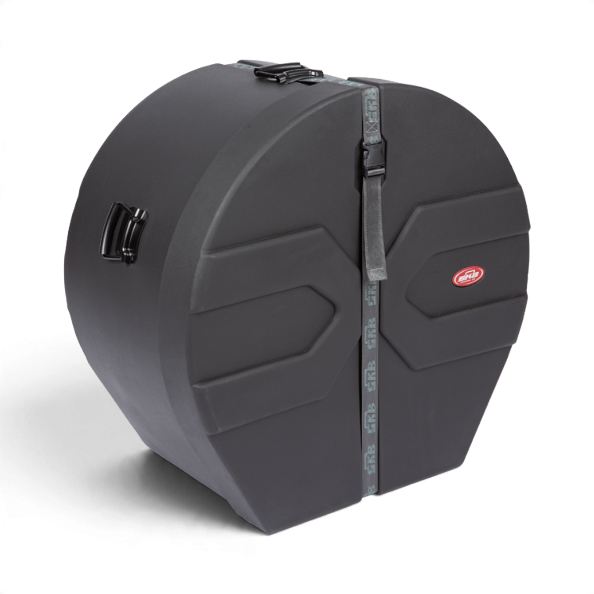 SKB Cases 14 x 26 marching bass drum case in black with Roto-X pattern, secure strap, and molded D-shaped design.