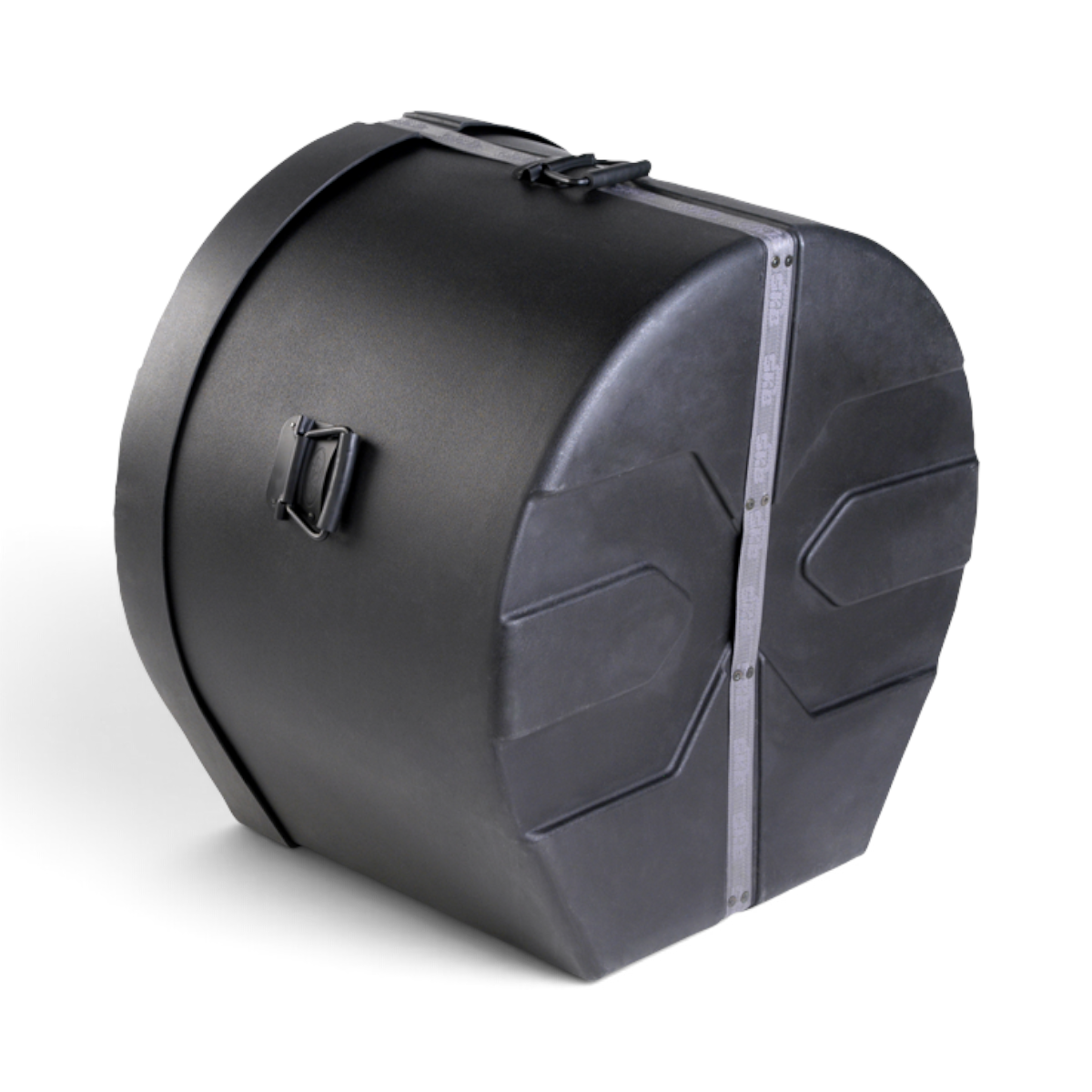 SKB Cases 14 x 28 marching bass drum case in black with Roto-X pattern, molded feet, and sturdy carrying handles.