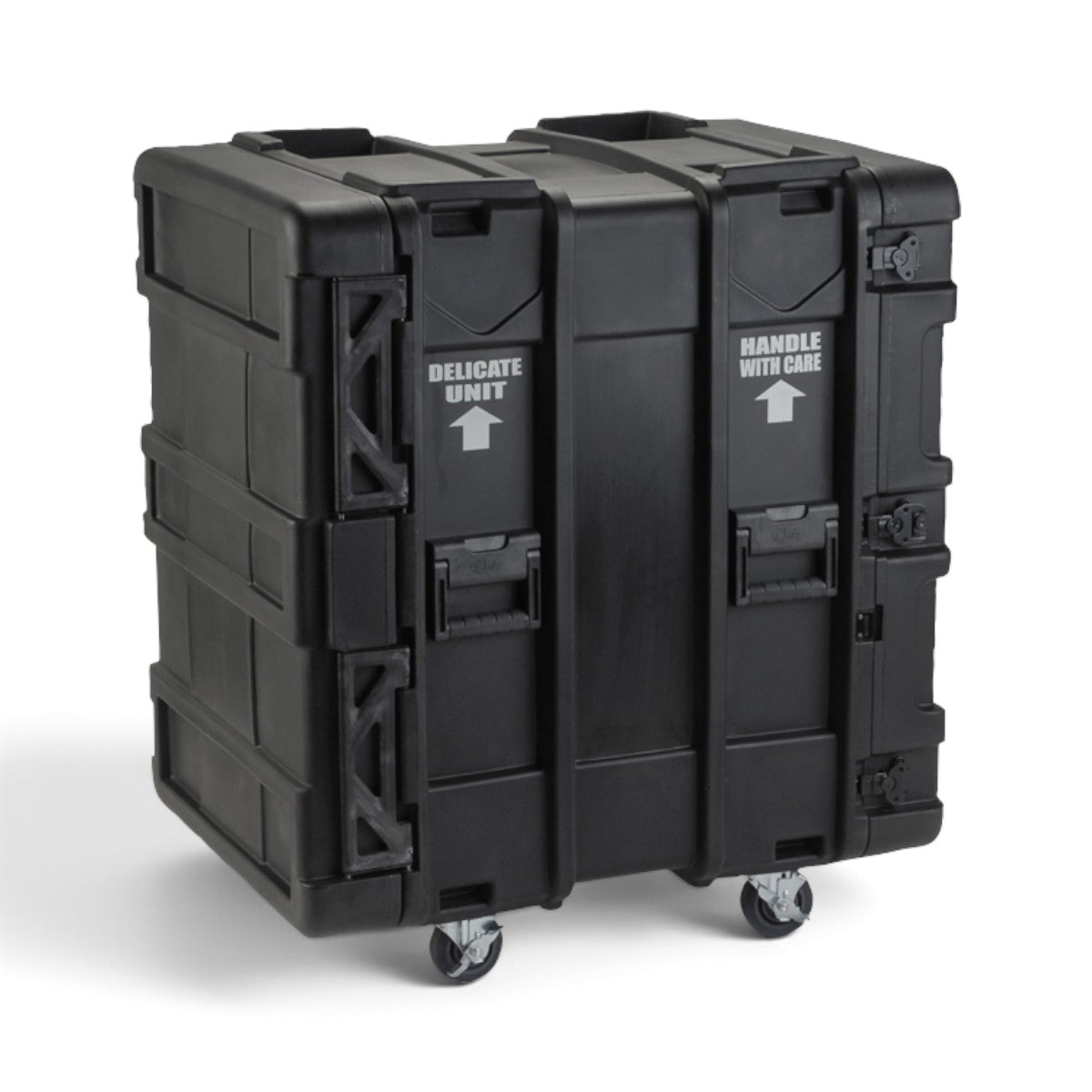 SKB Cases 16U 24-inch deep black roto shock rack with removable casters and protective handle with care labeling.