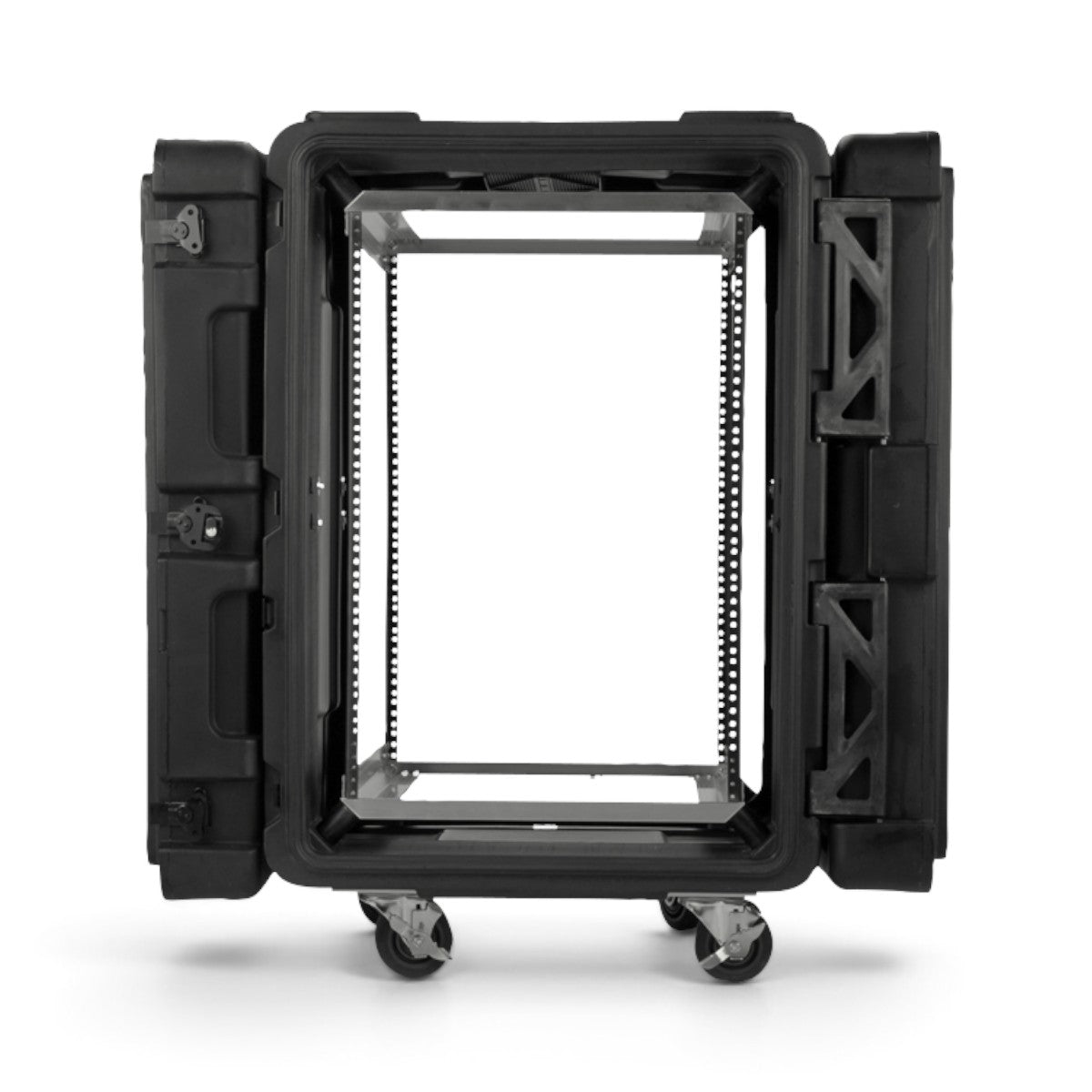 SKB Cases 16U 24-inch deep roto shock rack with open lids and internal aluminum frame on removable casters