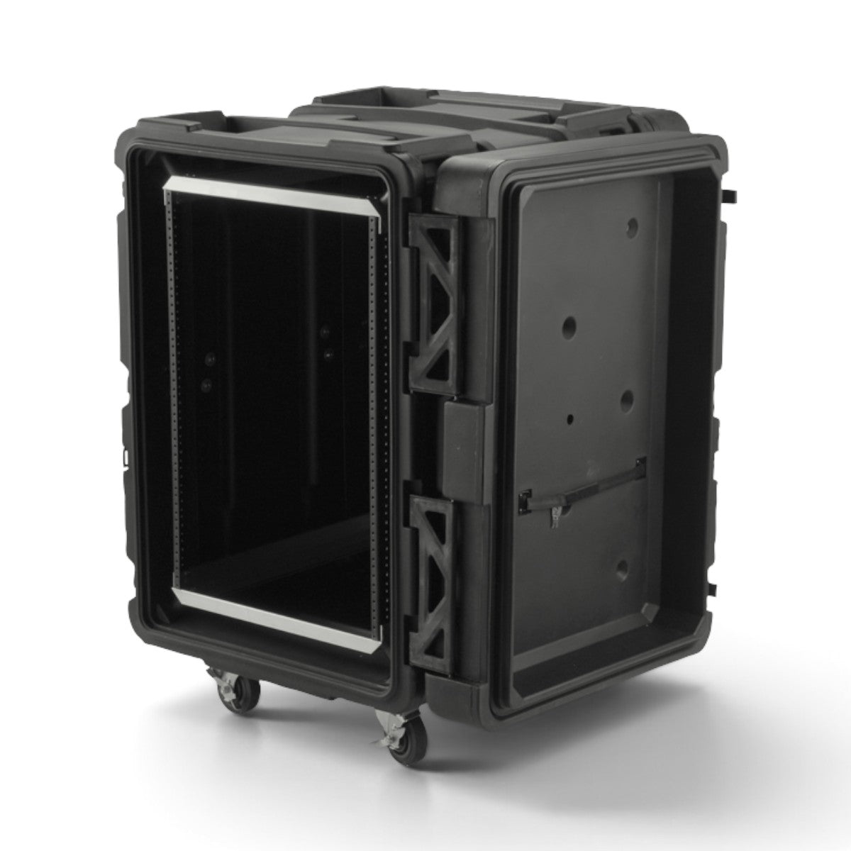 SKB Cases 16U 24-inch deep roto shock rack with open front lid, black heavy-duty protective case on removable casters