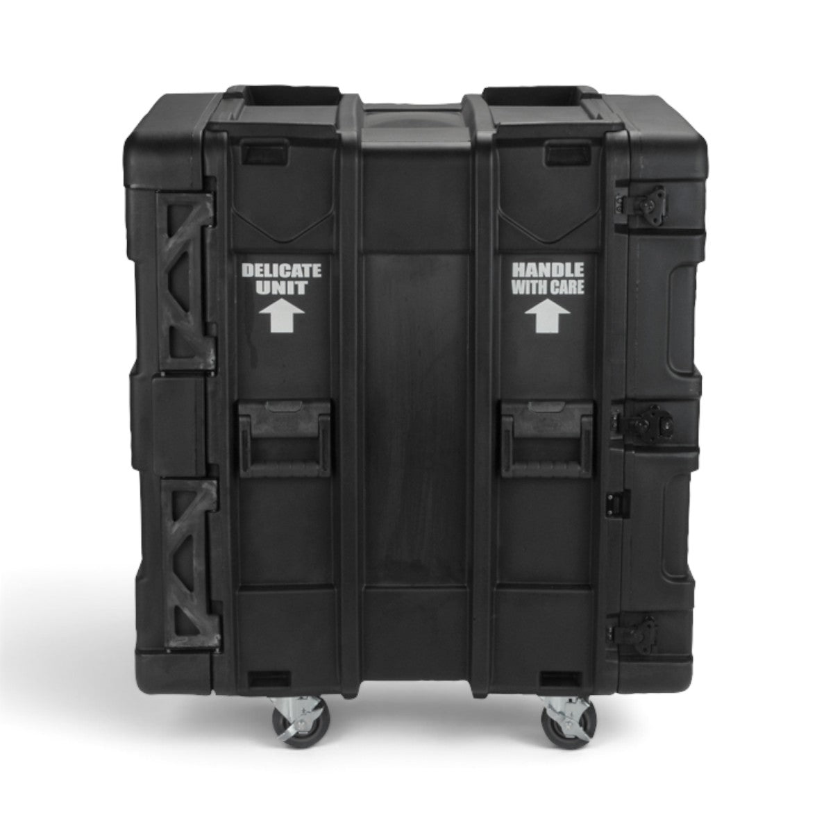 SKB Cases 16U 24-inch deep roto shock rack in black with heavy-duty casters and delicate unit warning labels.