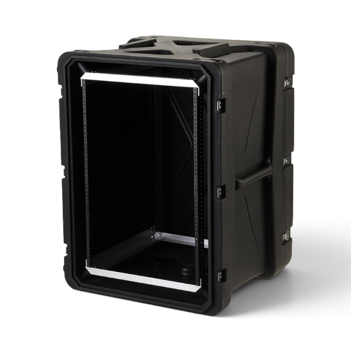 SKB Cases 16U 20-inch deep shock rack with internal frame and elastomer shock absorbers for sensitive equipment.