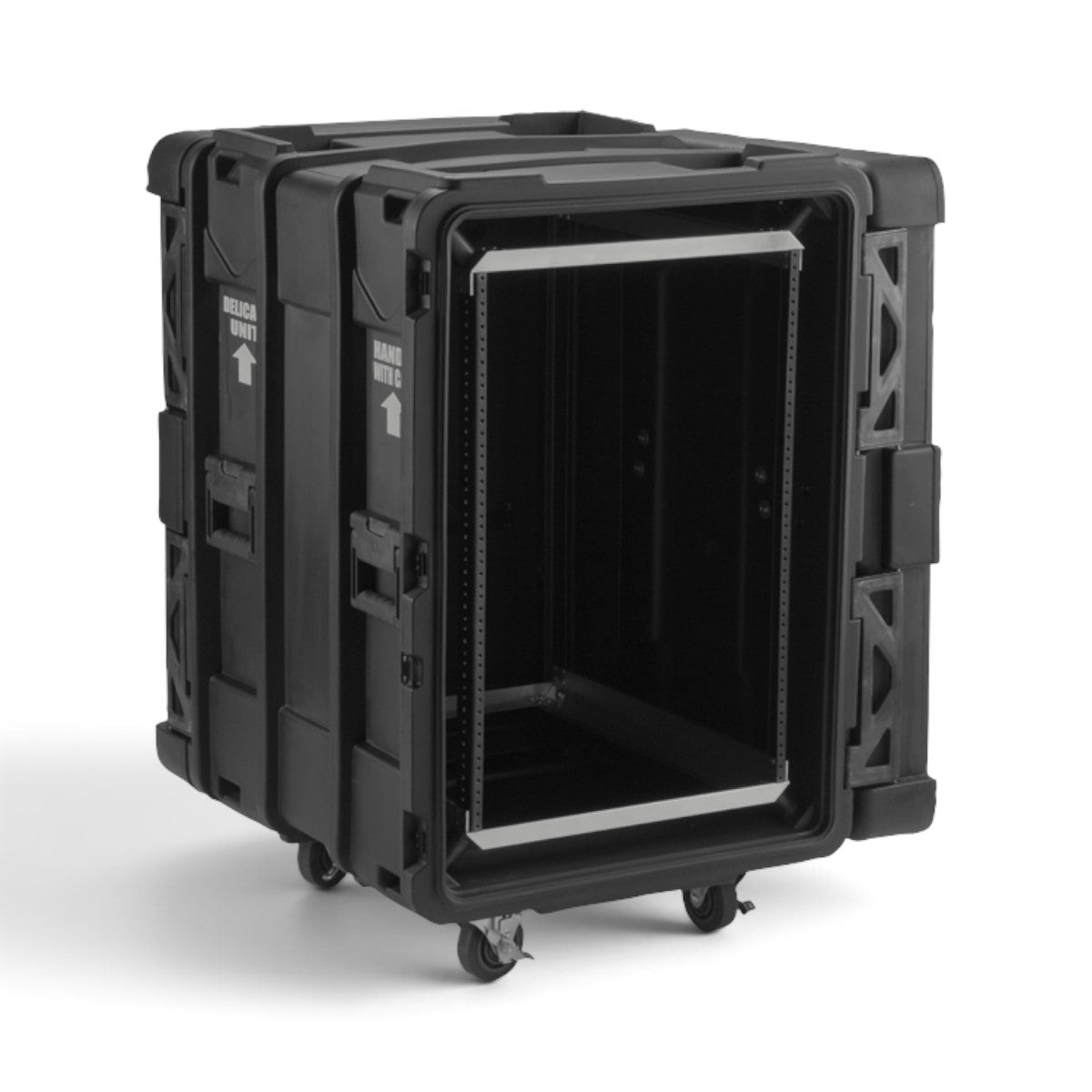 SKB Cases 16U 24-inch deep roto shock rack with black durable exterior, removable casters, and internal metal rails.