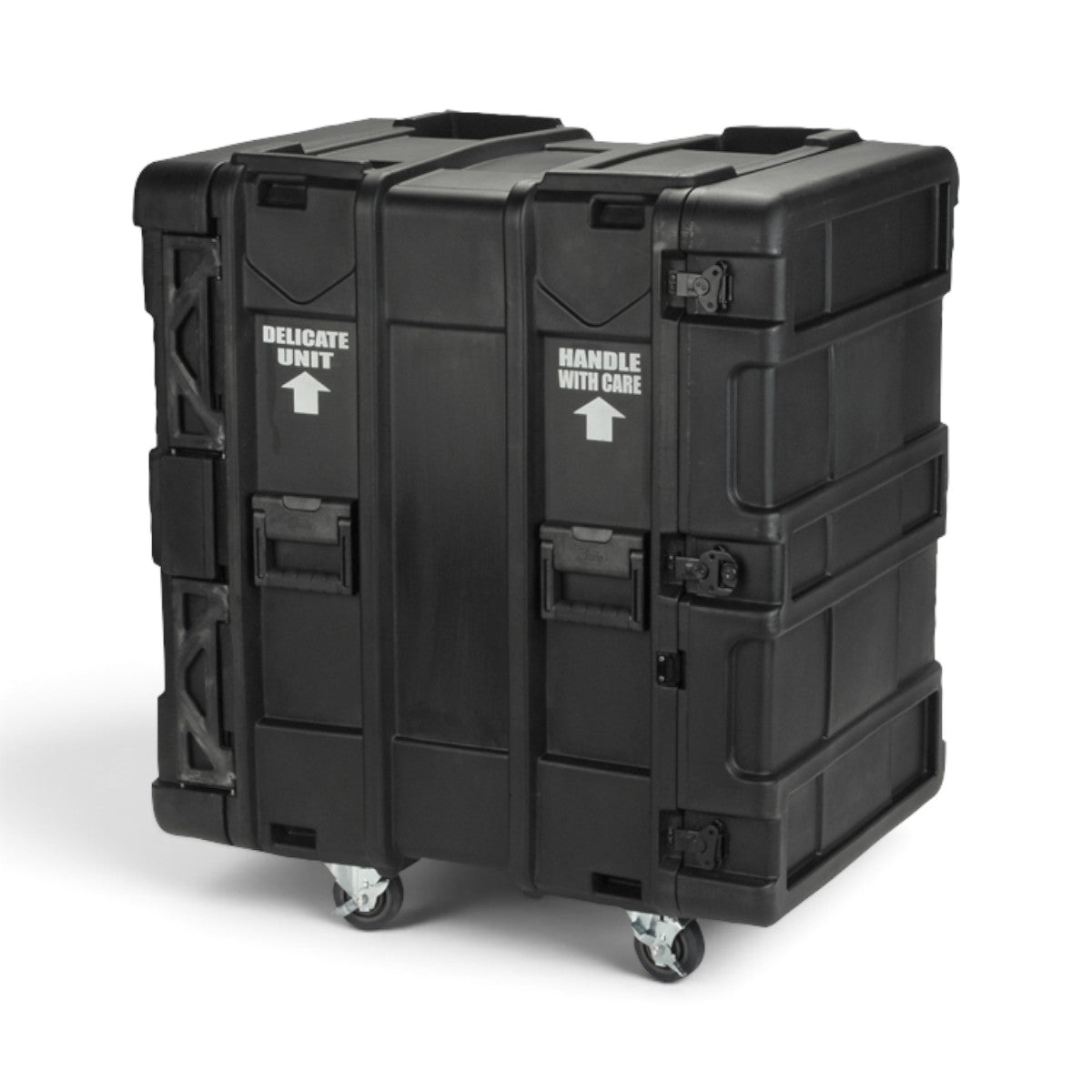 SKB Cases 16U 24-inch deep roto shock rack in black with heavy-duty casters and delicate unit warning labels.