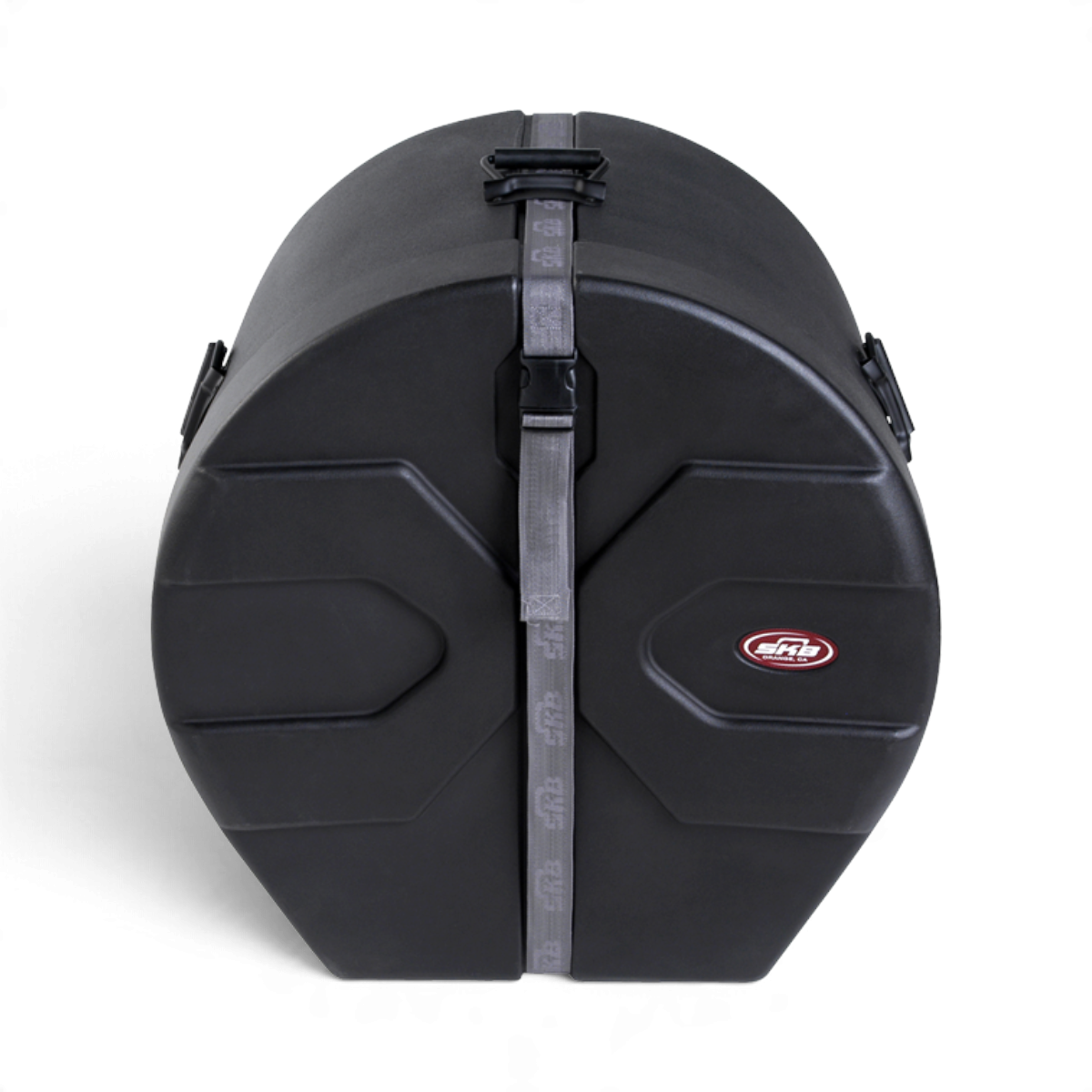 SKB Cases 16x20 roto-molded black bass drum case with Roto-X pattern, secure strap, and molded feet for stability.