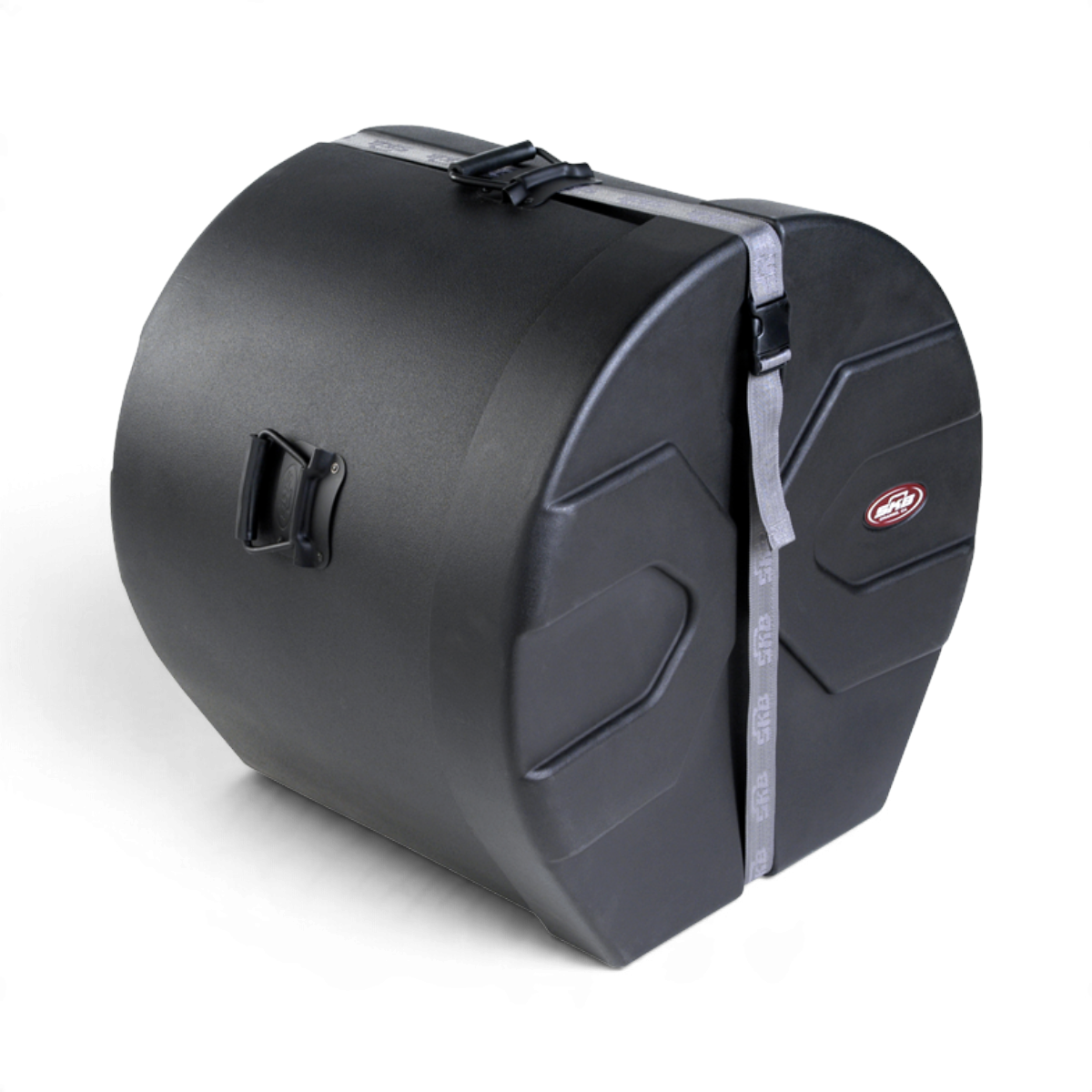 SKB Cases 16x20 bass drum case in black roto-molded plastic with a secure strap and durable D-shaped design.