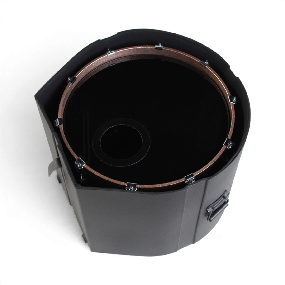 SKB Cases 16 x 22 roto-molded black bass drum case with padded interior and D-shaped design for stable upright storage