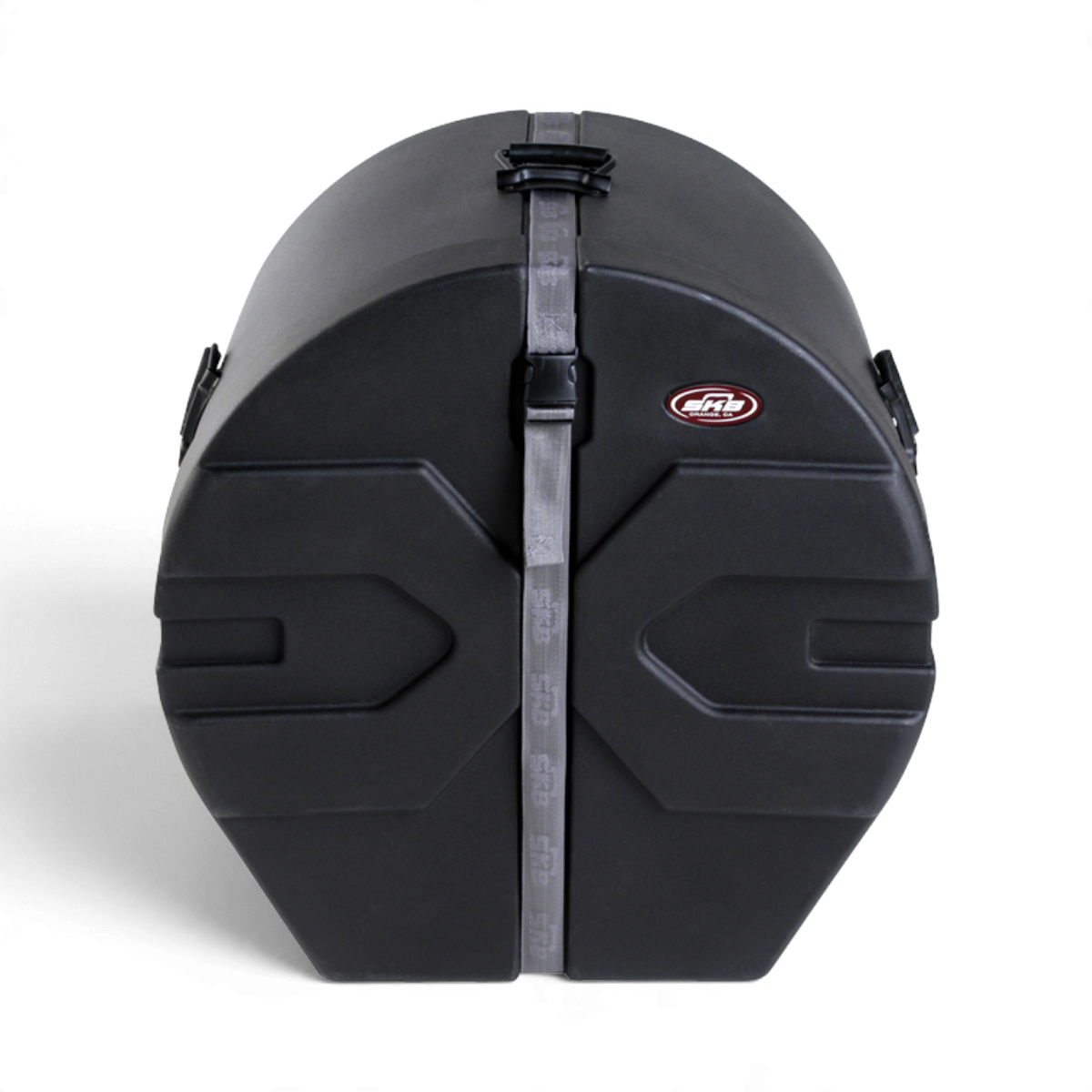 SKB Cases 16 x 22 roto-molded black bass drum case with D-shaped design, secure strap, and padded interior.