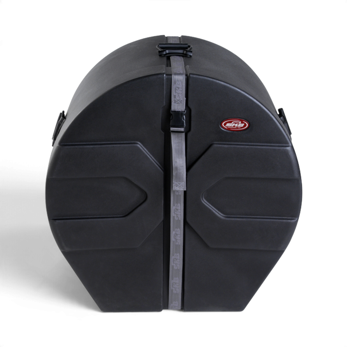 SKB Cases 16 x 24 roto-molded black bass drum case with Roto-X pattern, secure strap, and padded interior.