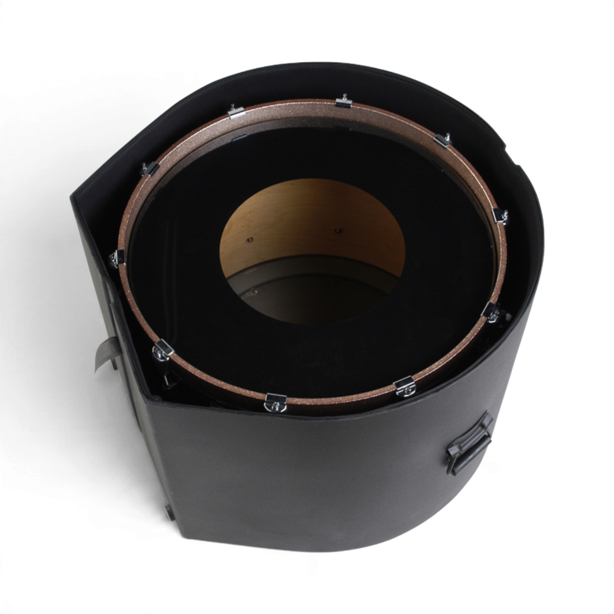 SKB Cases 16 x 24 roto-molded black bass drum case with padded interior and D-shaped design for upright stability