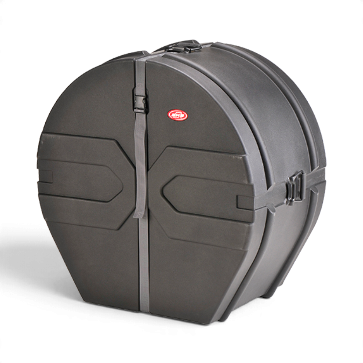 SKB Cases 16 x 30 marching bass drum case in black, featuring a durable roto-molded D-shaped design and secure straps.