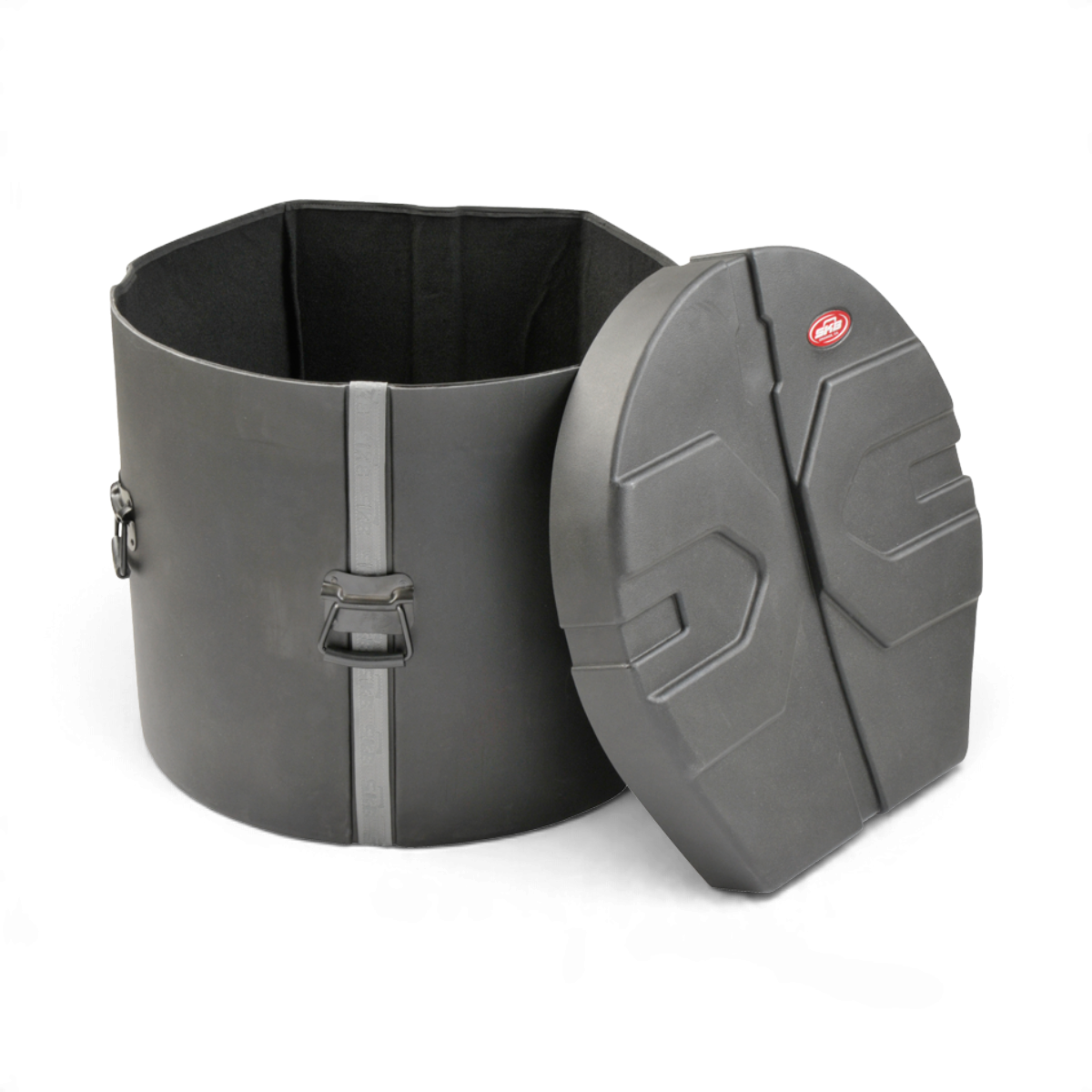 SKB Cases 18 x 22 roto-molded black bass drum case with D-shaped design, padded interior, and secure latch system.