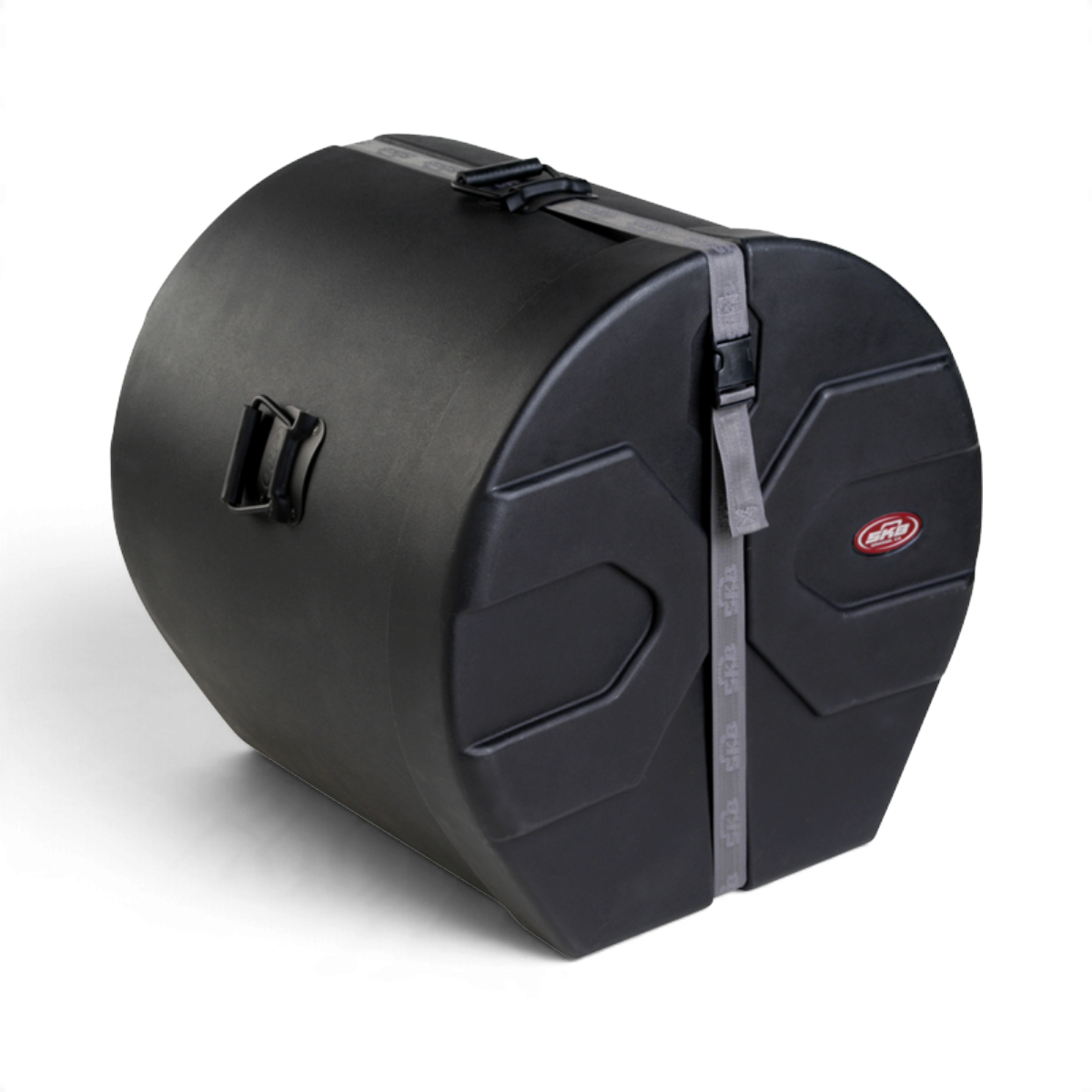 SKB Cases 18 x 20 roto-molded black bass drum case with D-shaped design, secure strap, and padded interior.