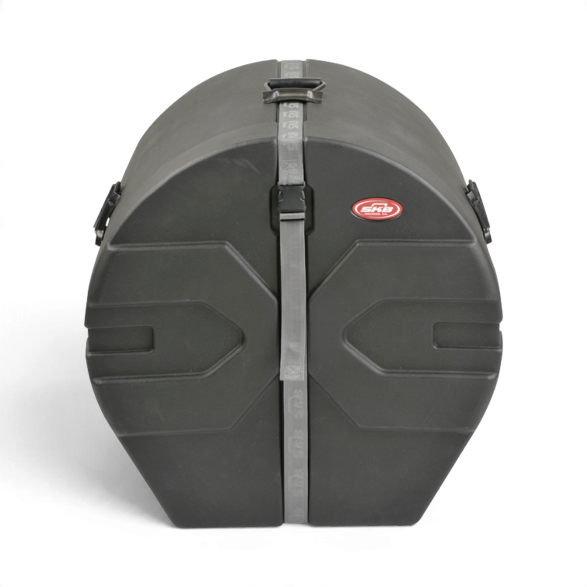SKB Cases 18 x 22 roto-molded black bass drum case with D-shaped design, secure strap, and padded interior.
