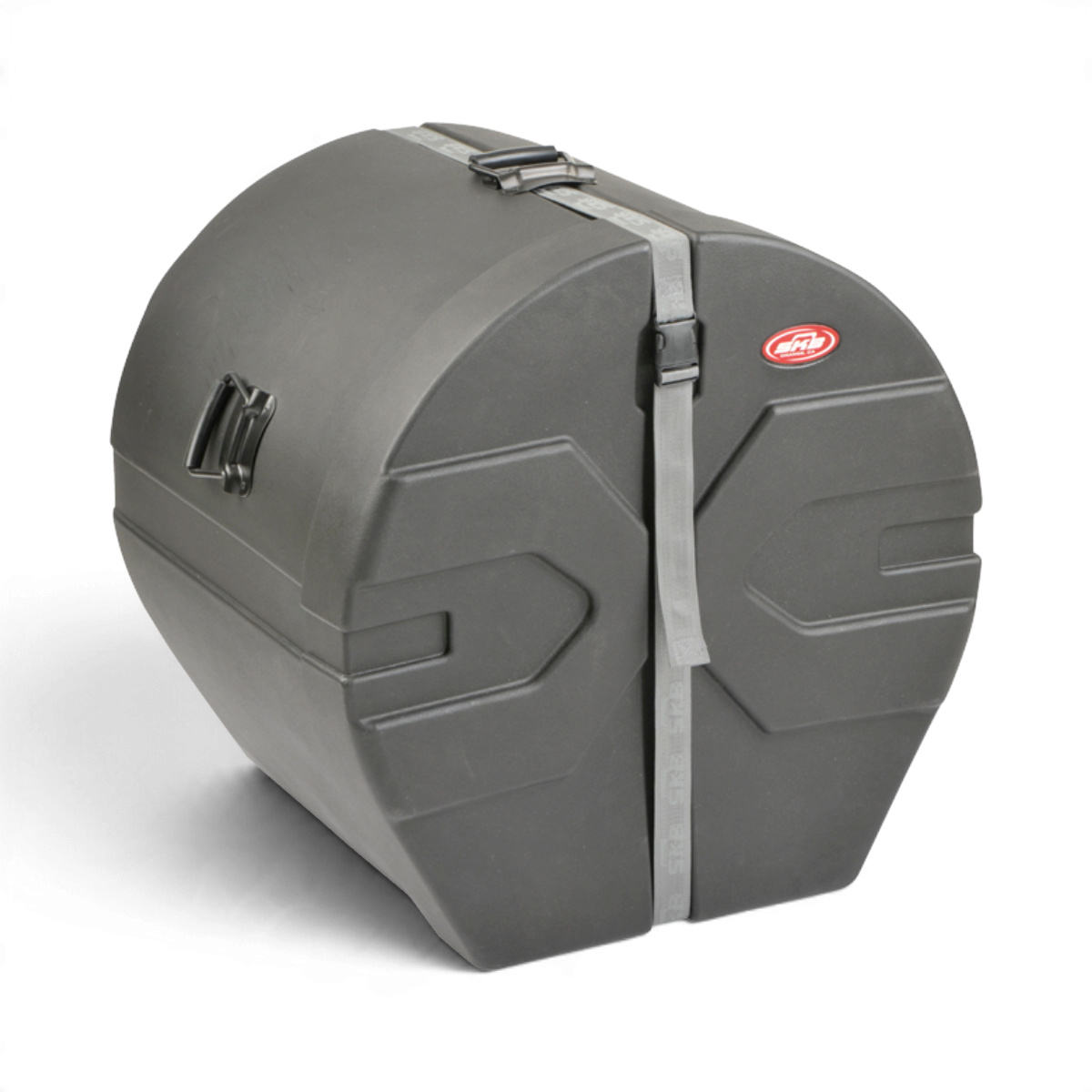 SKB Cases 18 x 22 roto-molded black bass drum case with D-shaped design, stacking pattern, and secure strap closure.