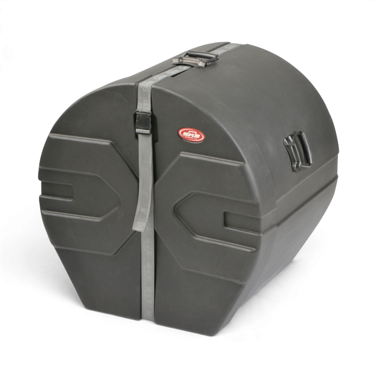 SKB Cases 18 x 22 roto-molded black bass drum case with D-shaped design, secure strap, and padded interior.