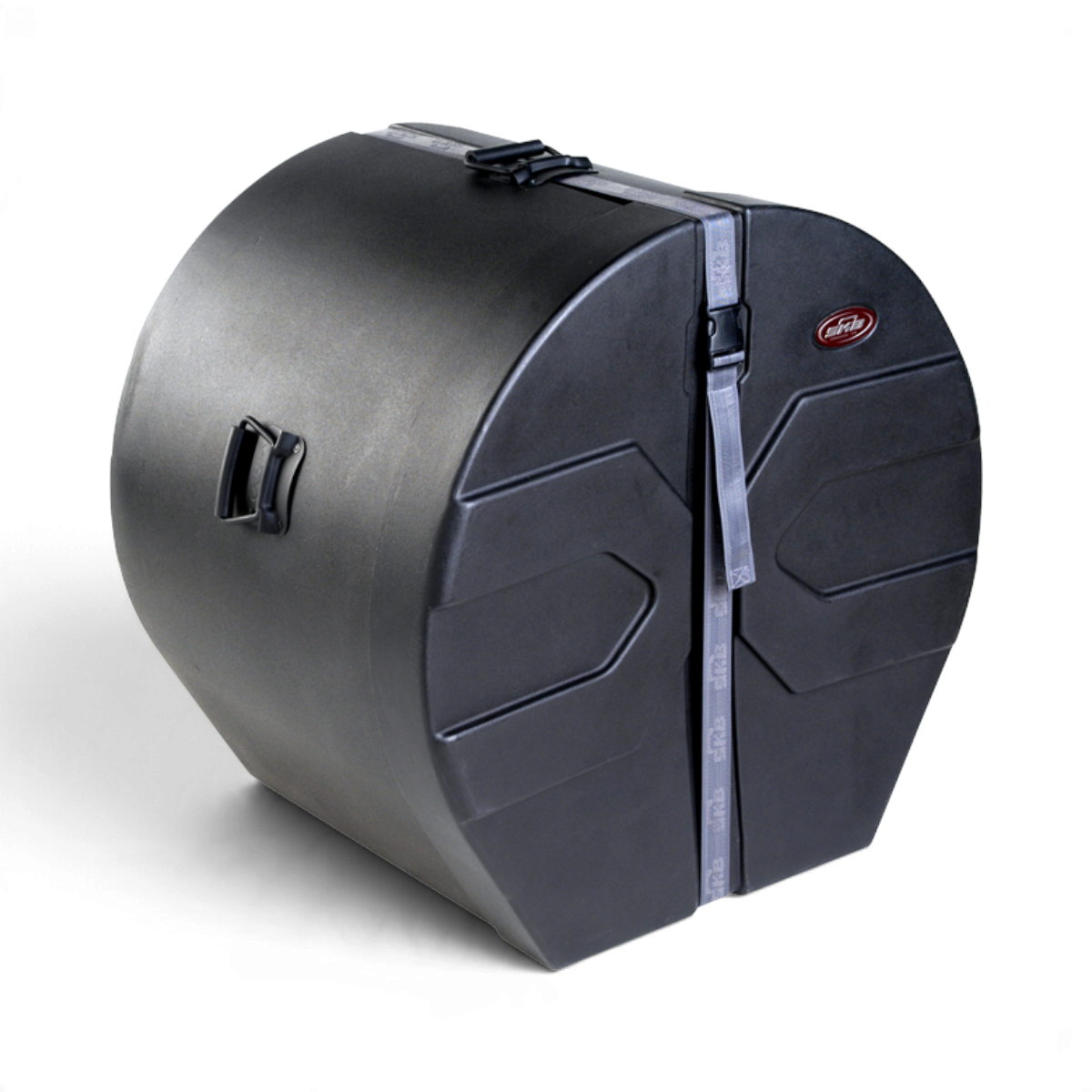 SKB Cases 18 x 24 roto-molded black bass drum case with D-shaped design, stacking pattern, and secure strap closure.