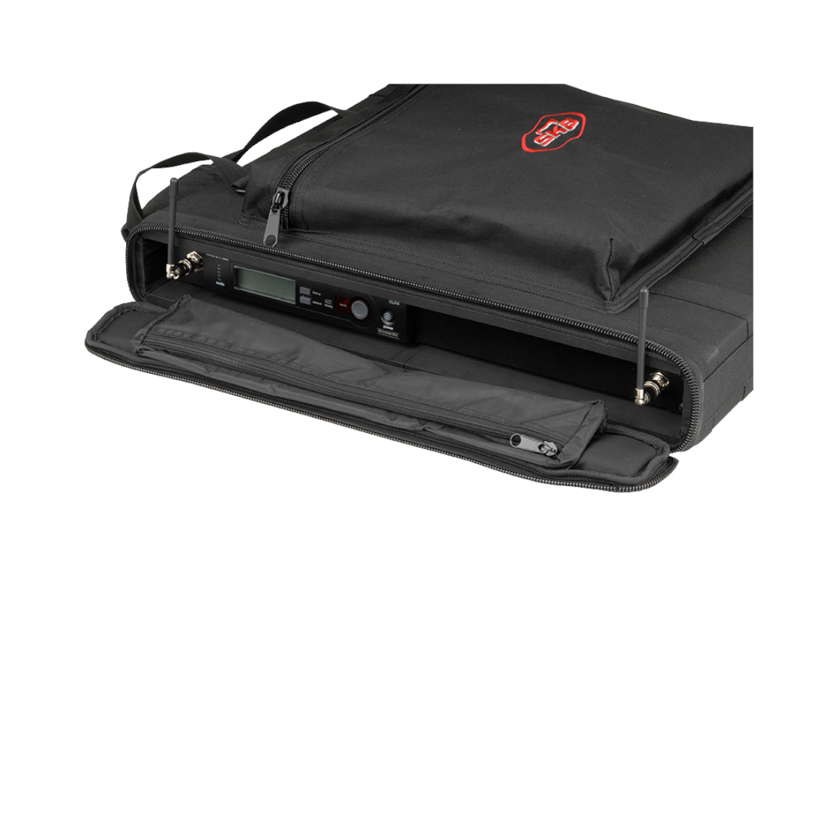 SKB Cases 1U soft rack bag with wireless microphone system installed, featuring black nylon and zippered storage.